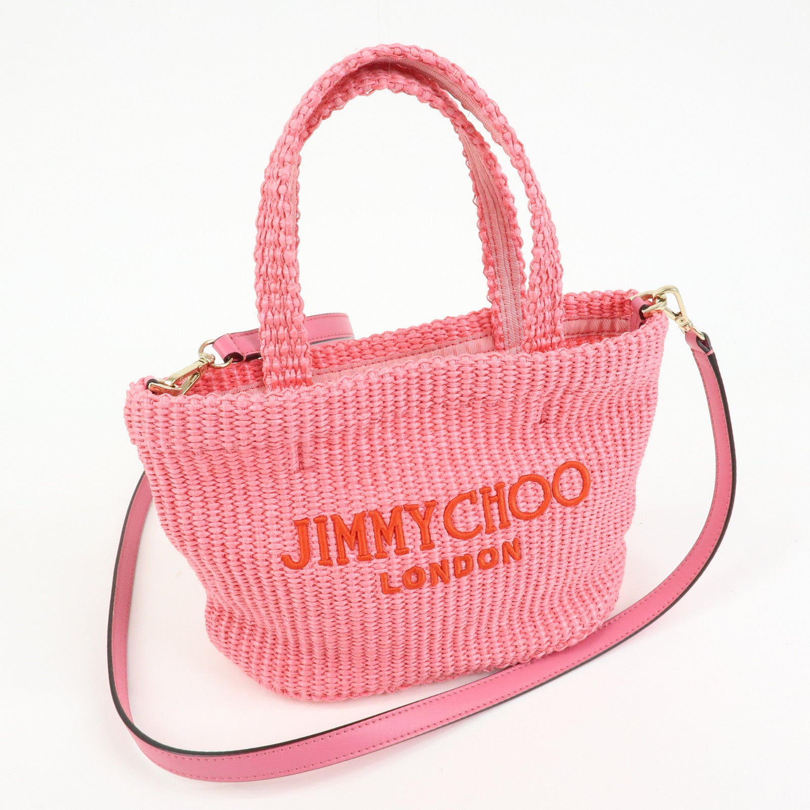 JIMMY CHOO Raffia Leather Beach Tote East West Mini 2Way Bag Pink