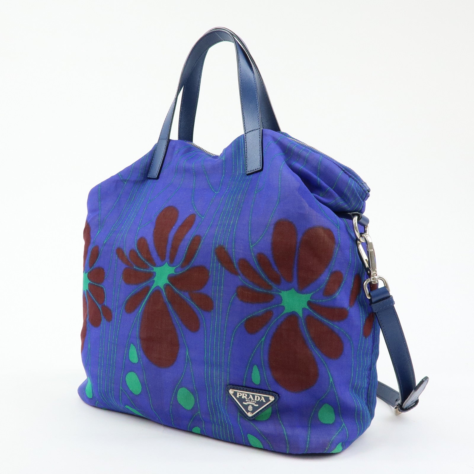 PRADA Triangle Logo Linen Leather 2Way Bag Flower Motif Blue BR4696