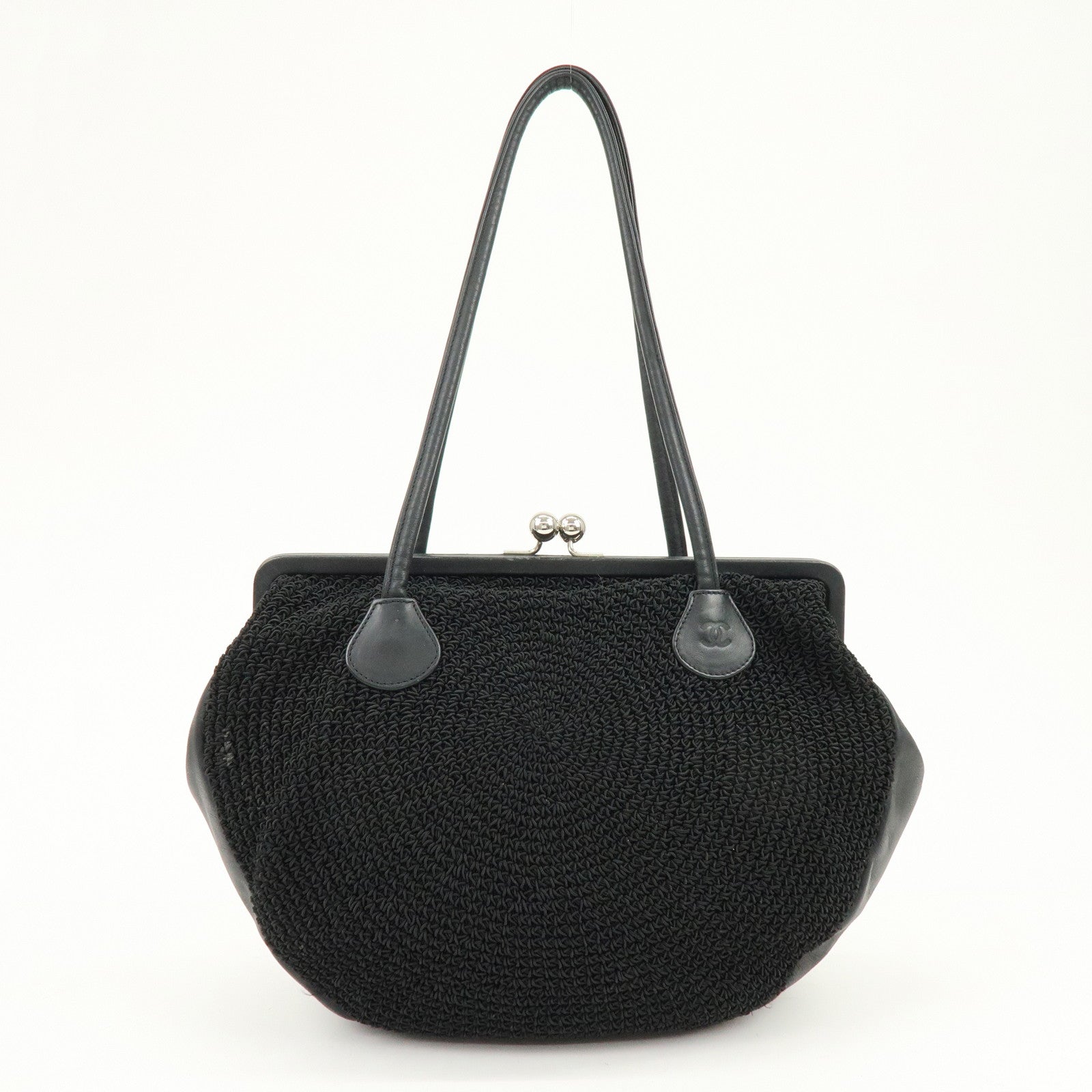 CHANEL COCO Mark Nylon Leather Kiss Lock Purse Shoulder Bag Black