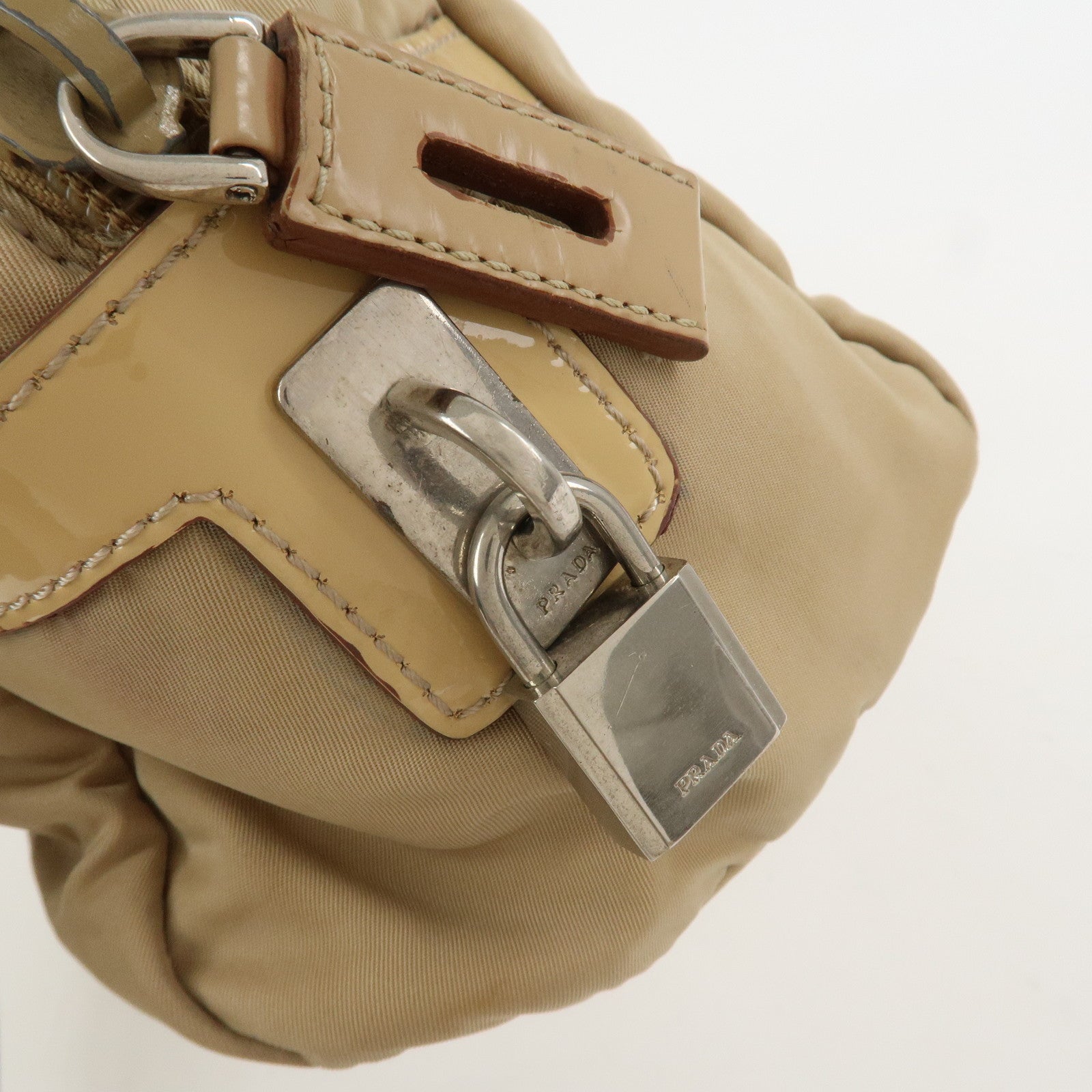 PRADA Logo Nylon Patent Leather Mini Boston Bag Beige BR3150