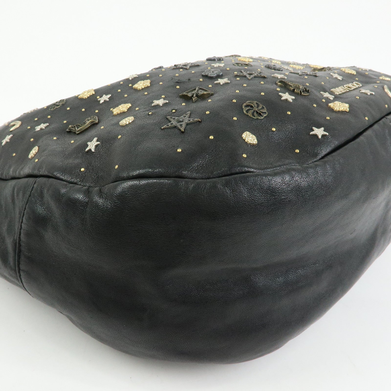 JIMMY CHOO Zodiac Leather Studs Shoulder Bag Hand Bag Black