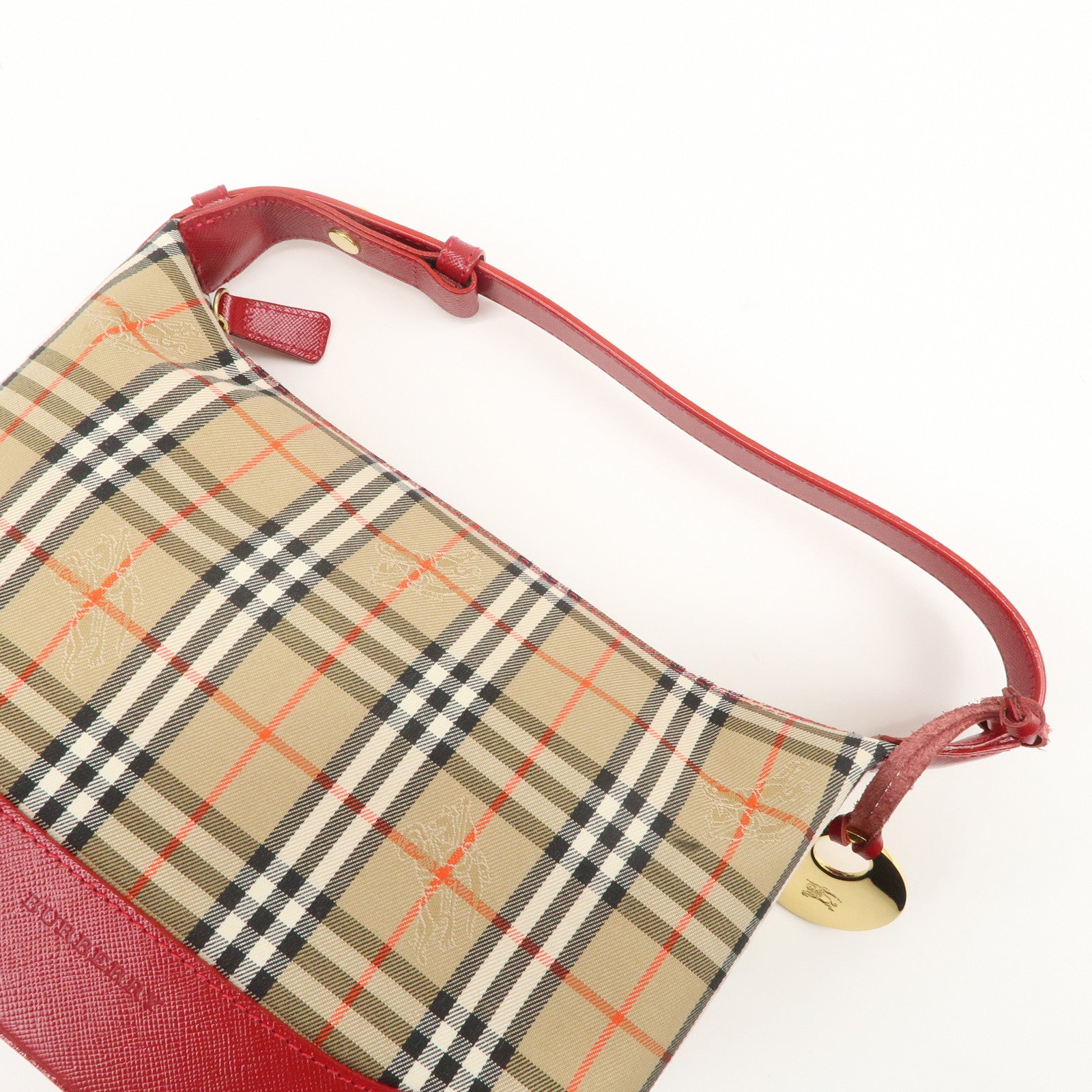 BURBERRY Nova Plaid Canvas Leather Hand Bag Shoulder Bag Beige Red