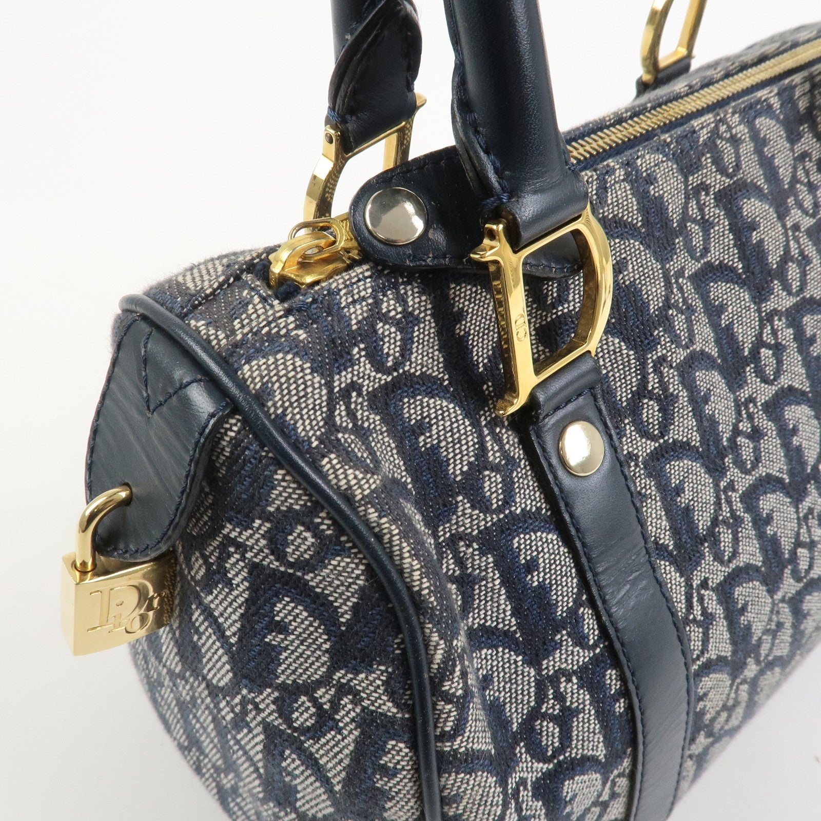 Christian Dior Trotter Jacquard Canvas Leather Boston Bag Navy