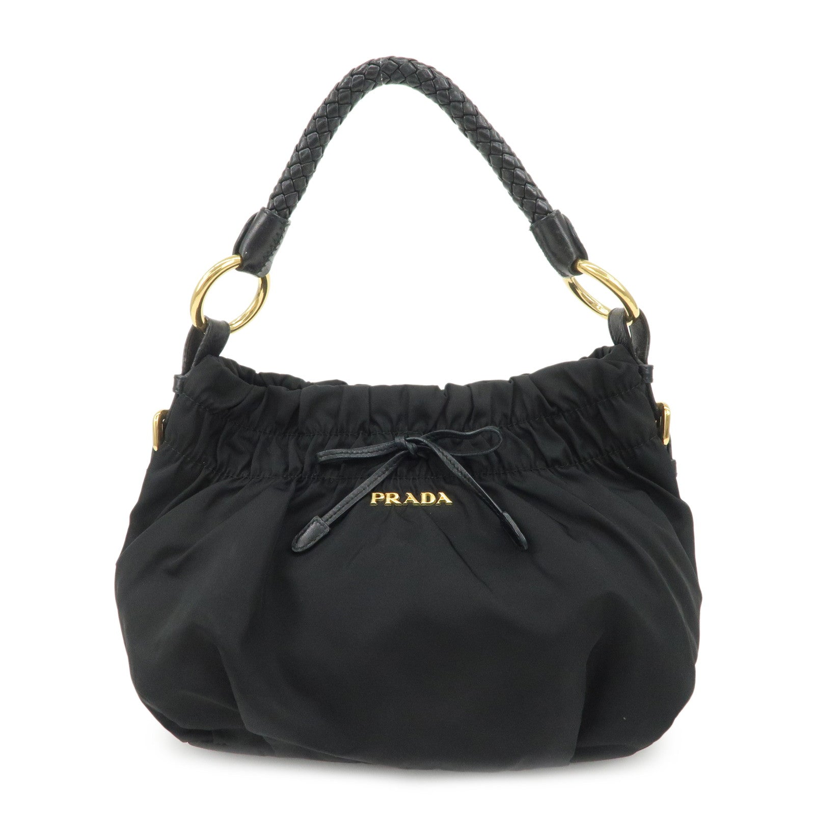 PRADA Nylon Leather Gathered Ribbon Shoulder Bag Hand Bag BR4237
