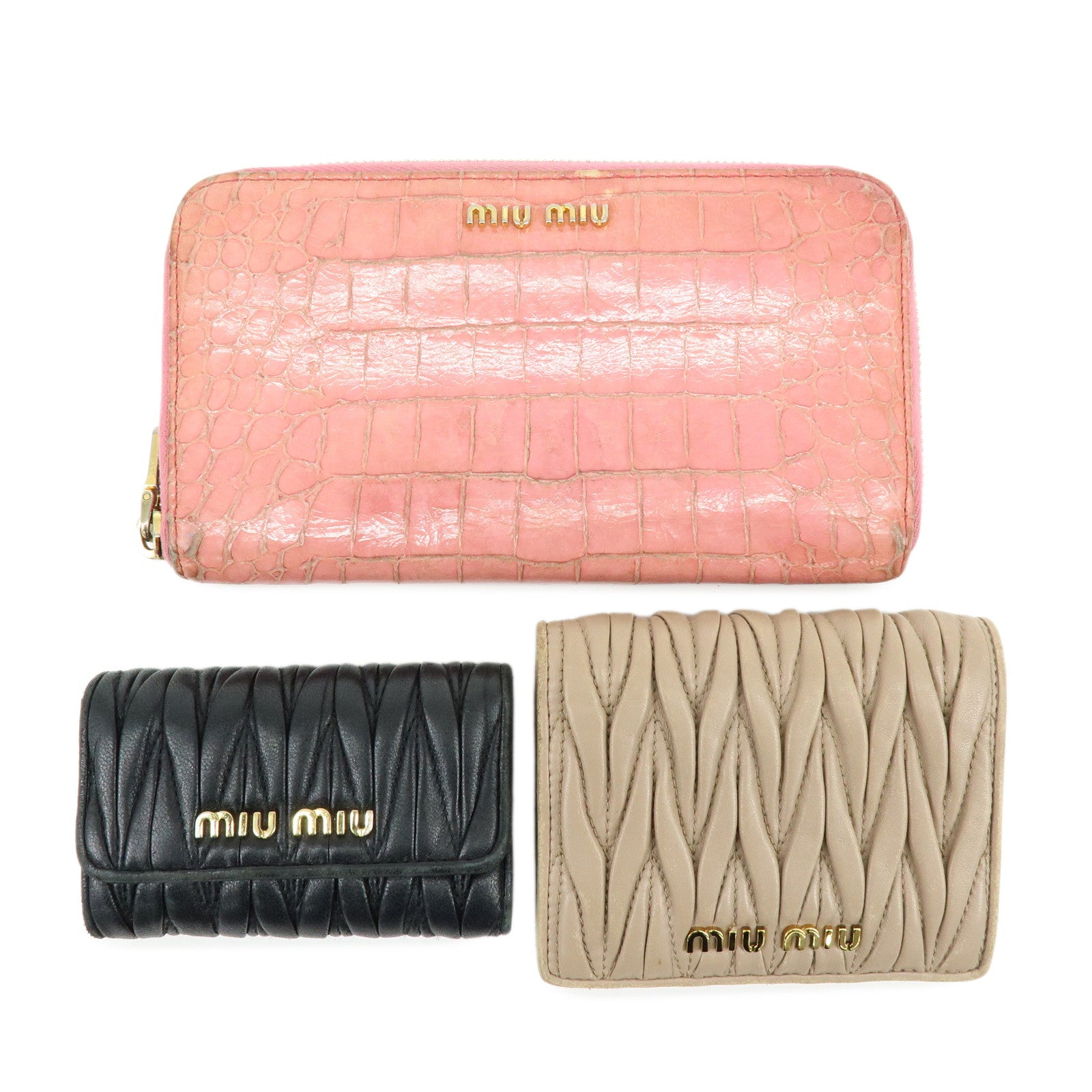 MIU MIU Set of 3 Leather Wallet Key Case Pink Black Light Brown