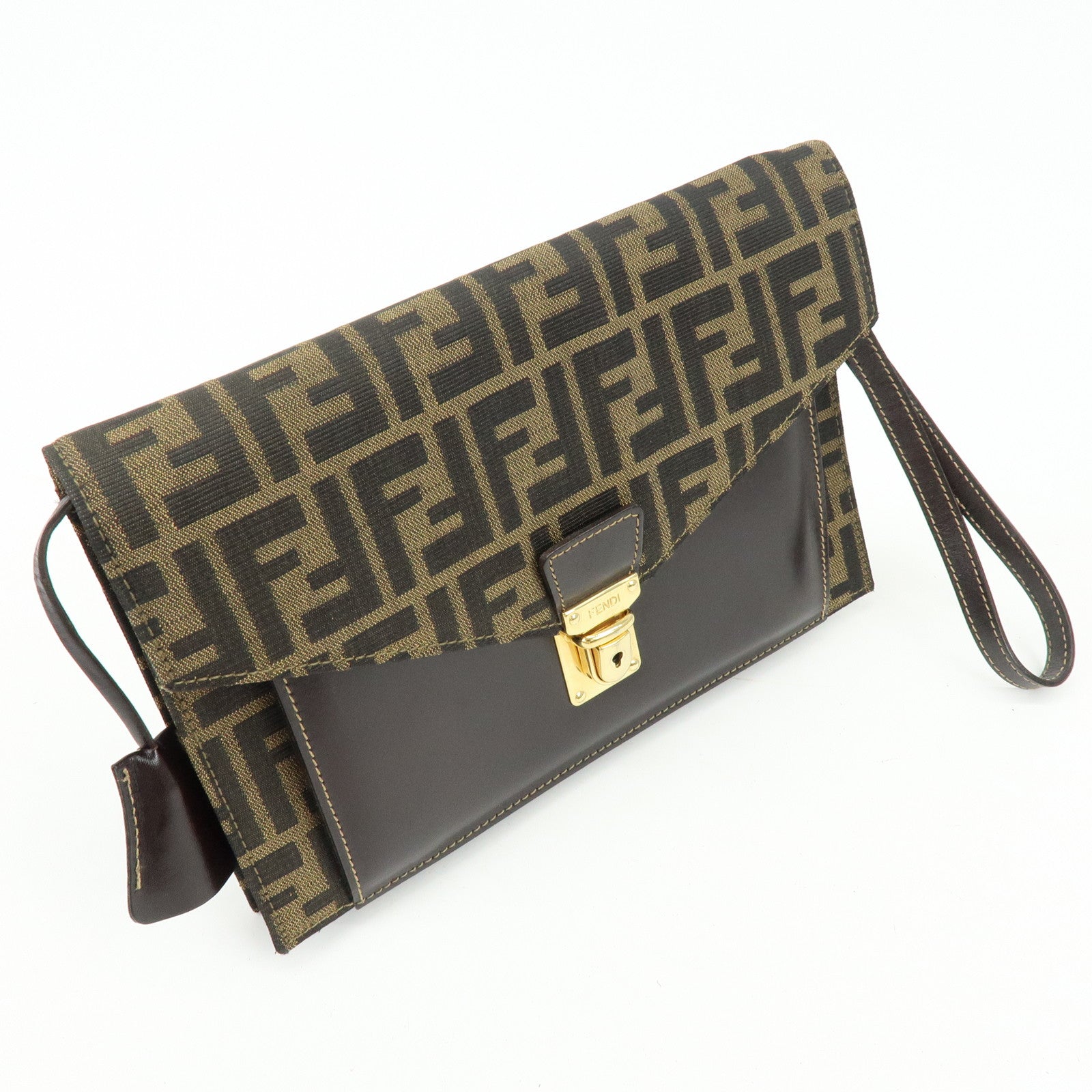FENDI Zucca Canvas Leather Wrist Bag Clutch Bag Pouch Brown Black