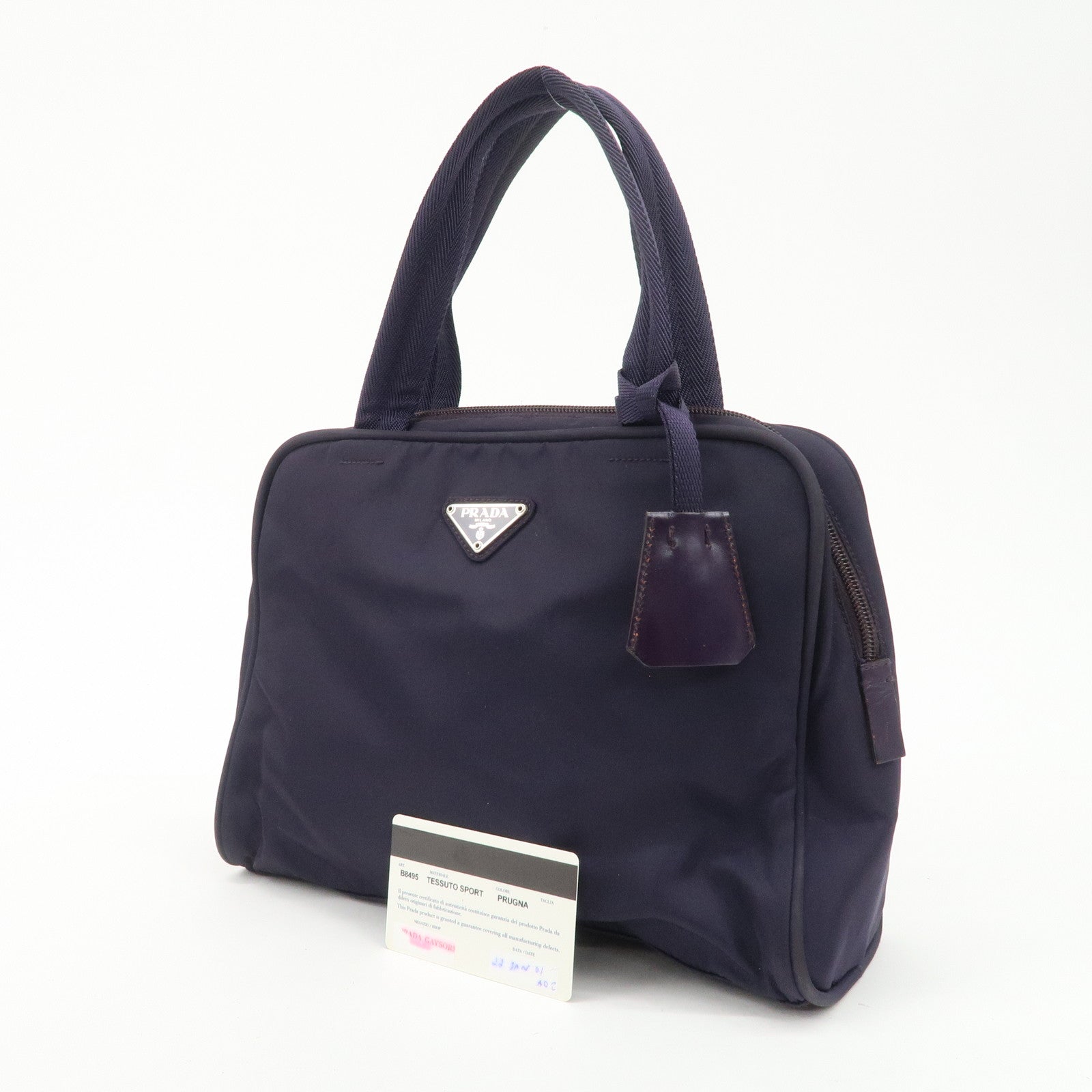 PRADA Triangle Logo Leather Nylon Hand Bag Purple B8495