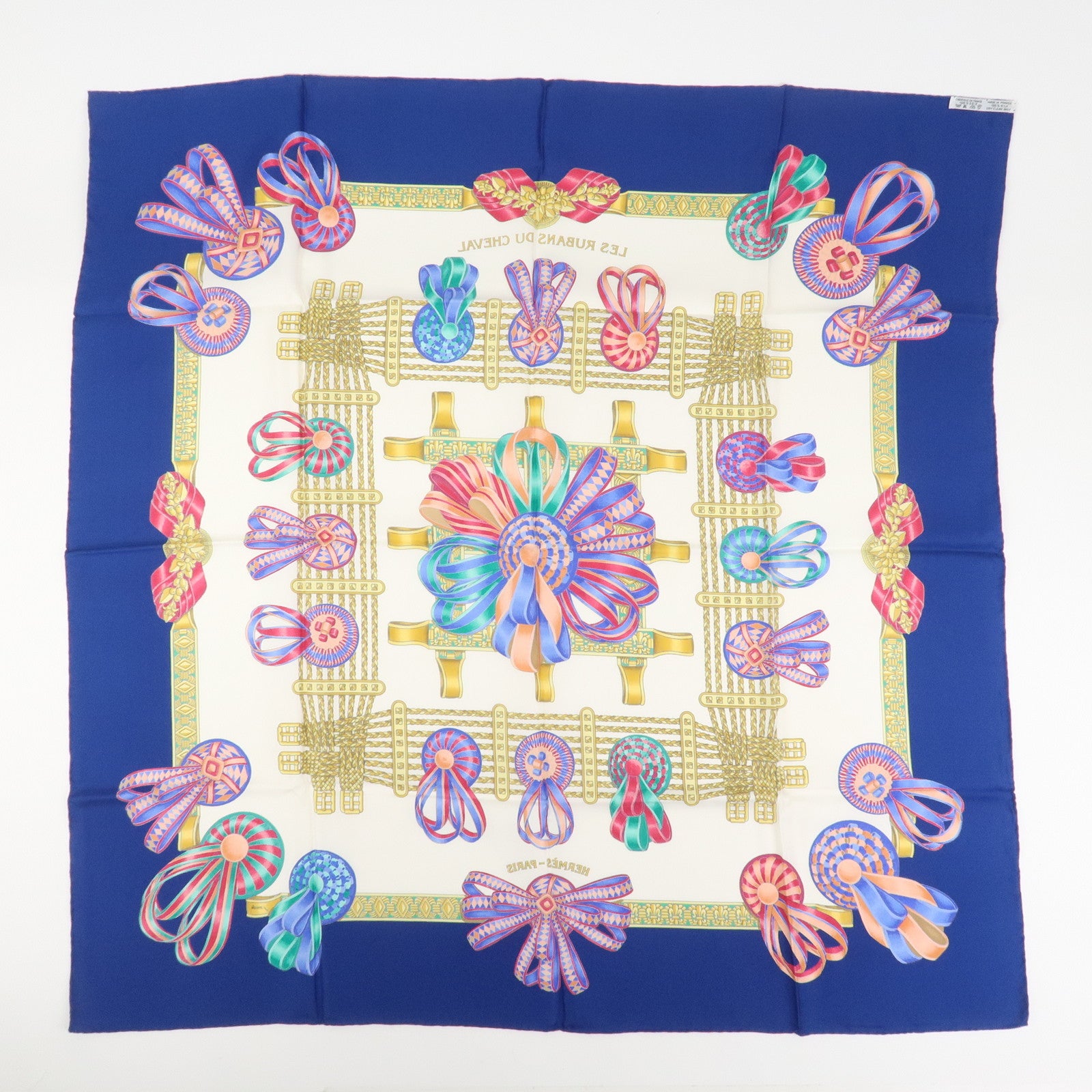 HERMES Carre 90 Silk 100% Scarf LES RUBANS DU CHEVAL Blue White