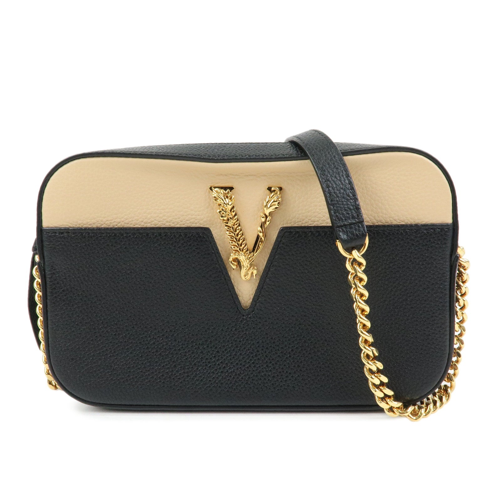 VERSACE Virtus Leather Shoulder Crossbody Bag Black Beige