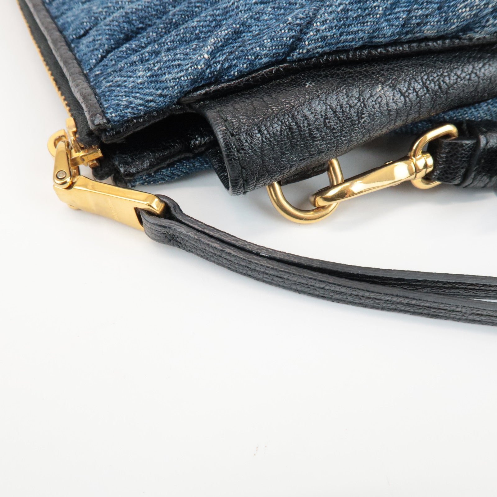 MIU MIU Matelasse Denim Leather Clutch Bag Wrist Bag Blue 5NE001