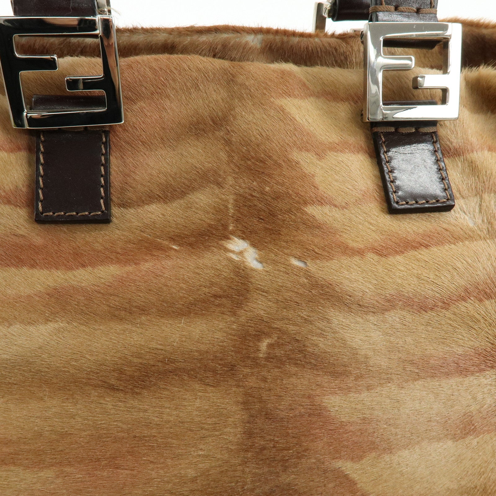 FENDI Calf Hair Leather Animal Pattern Tote Bag Hand Bag Brown