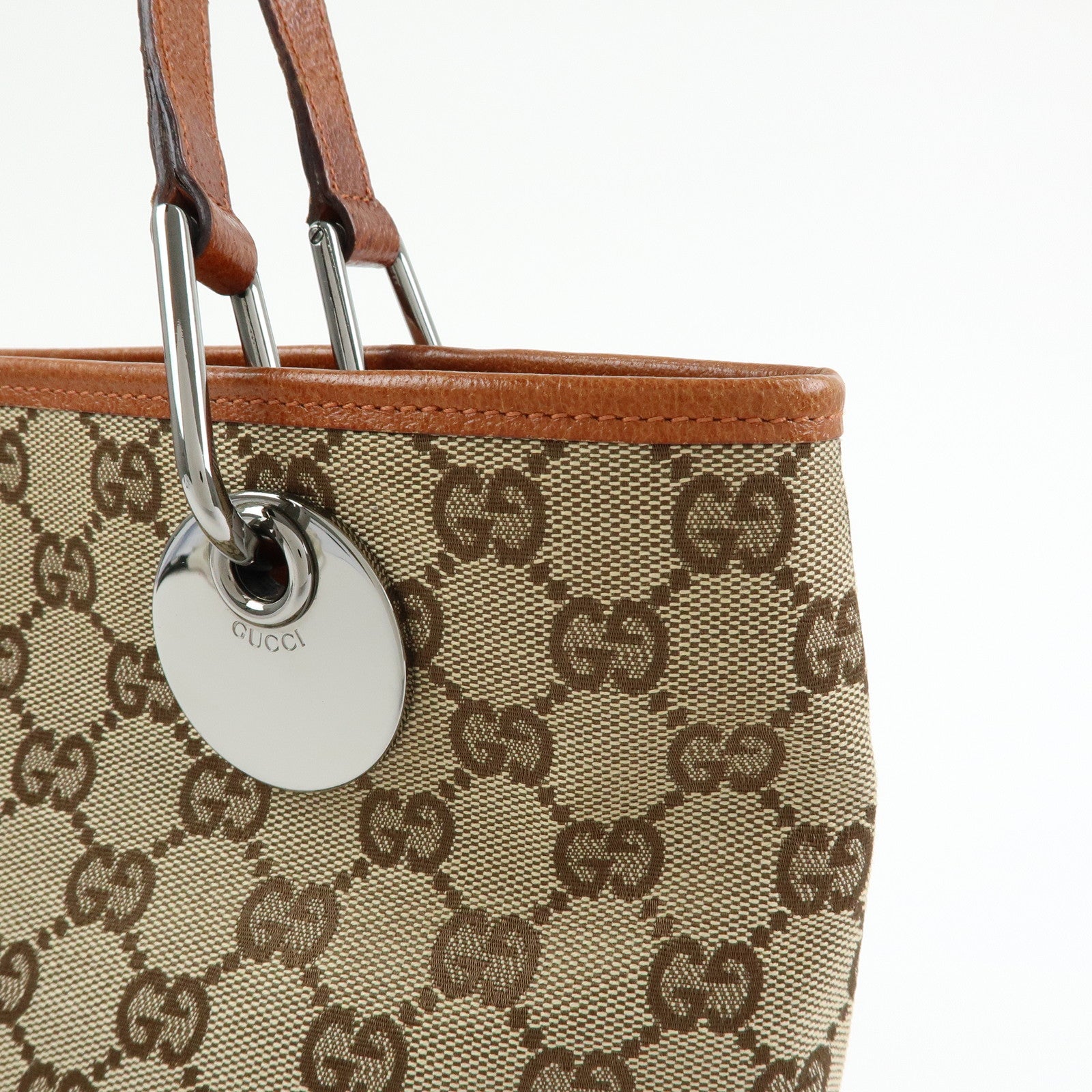 GUCCI GG Canvas Leather Tote Bag Shoulder Bag Beige Camel 120837