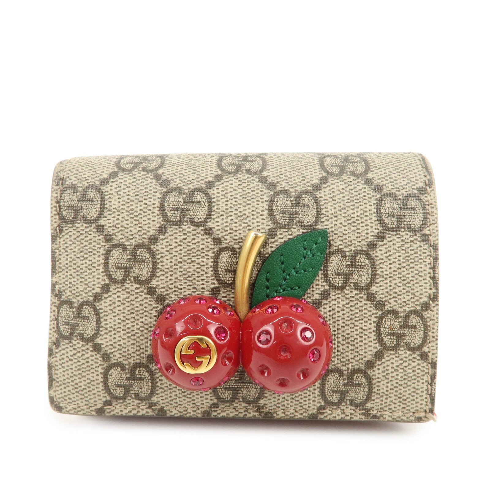 GUCCI Interlocking G Cherry GG Supreme Compact Wallet Beige 476050