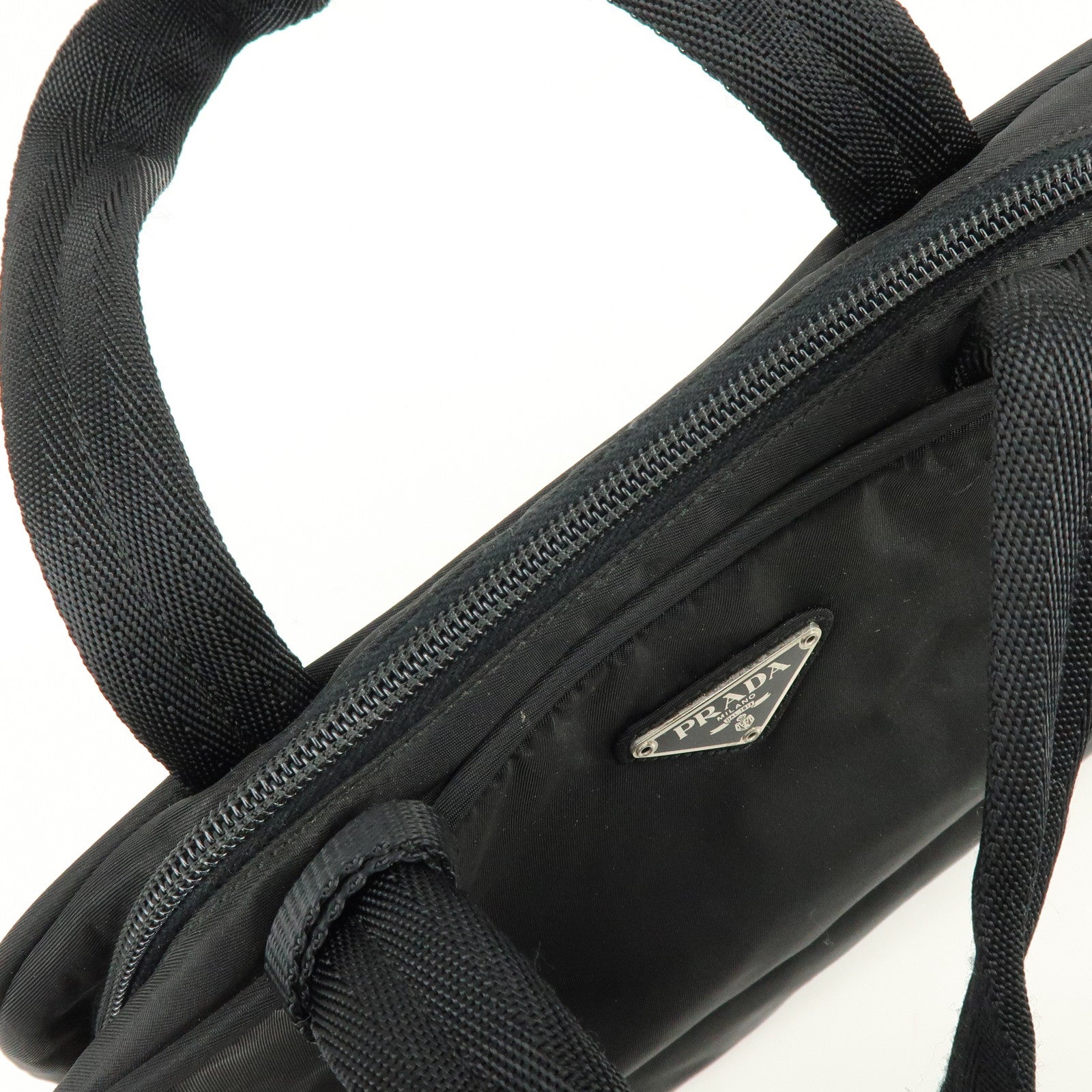 PRADA Triangle Logo Nylon Leather Hand Bag Tote Bag Black B8495