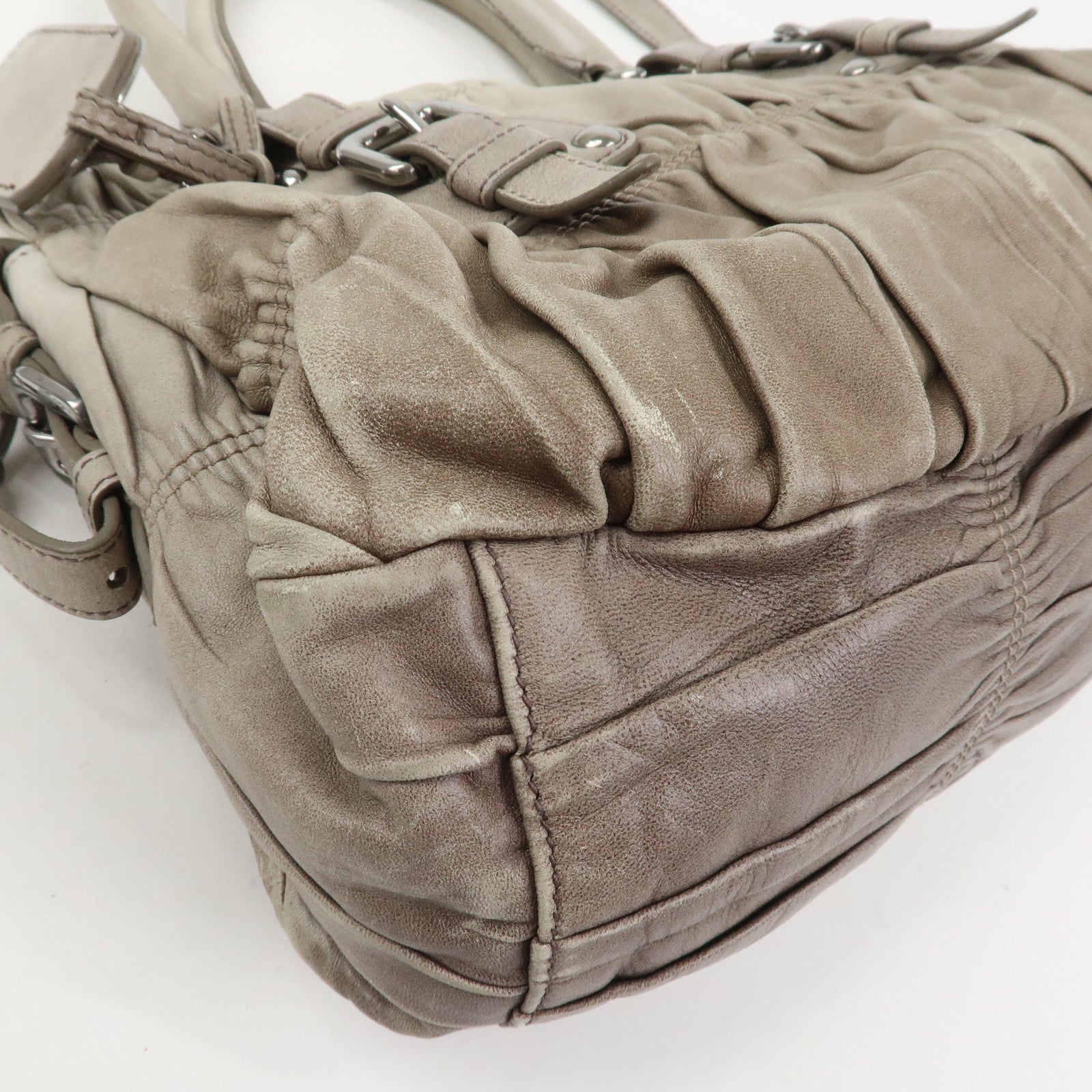 PRADA Leather Gathered 2Way Bag Hand Bag Shoulder Bag Gray BN1407