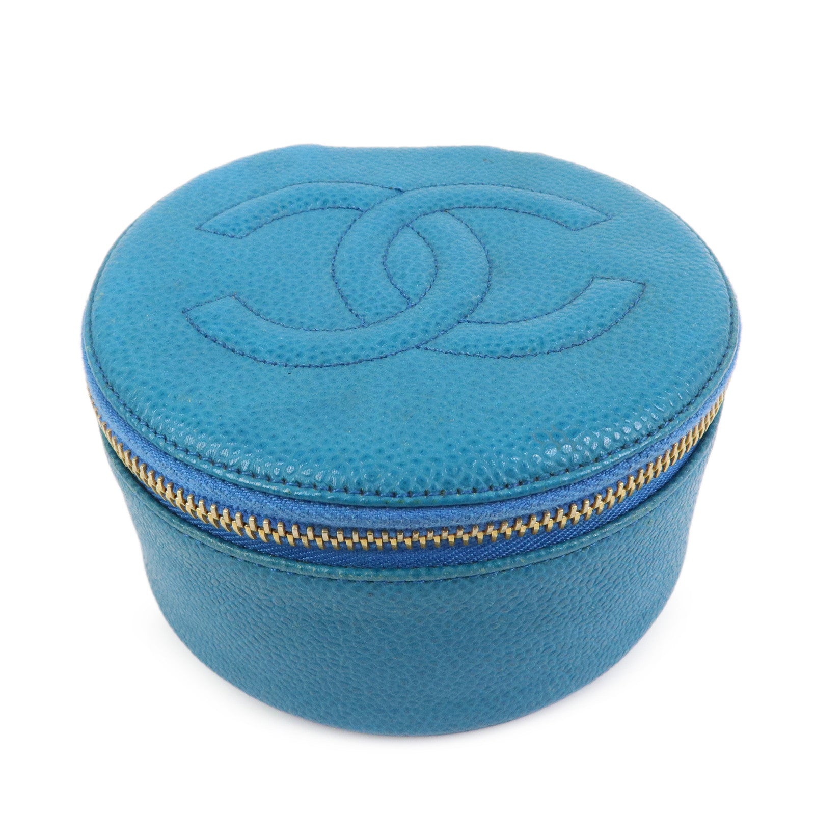 CHANEL COCO Mark Caviarskin Round Cosmetic Pouch Blue Gold