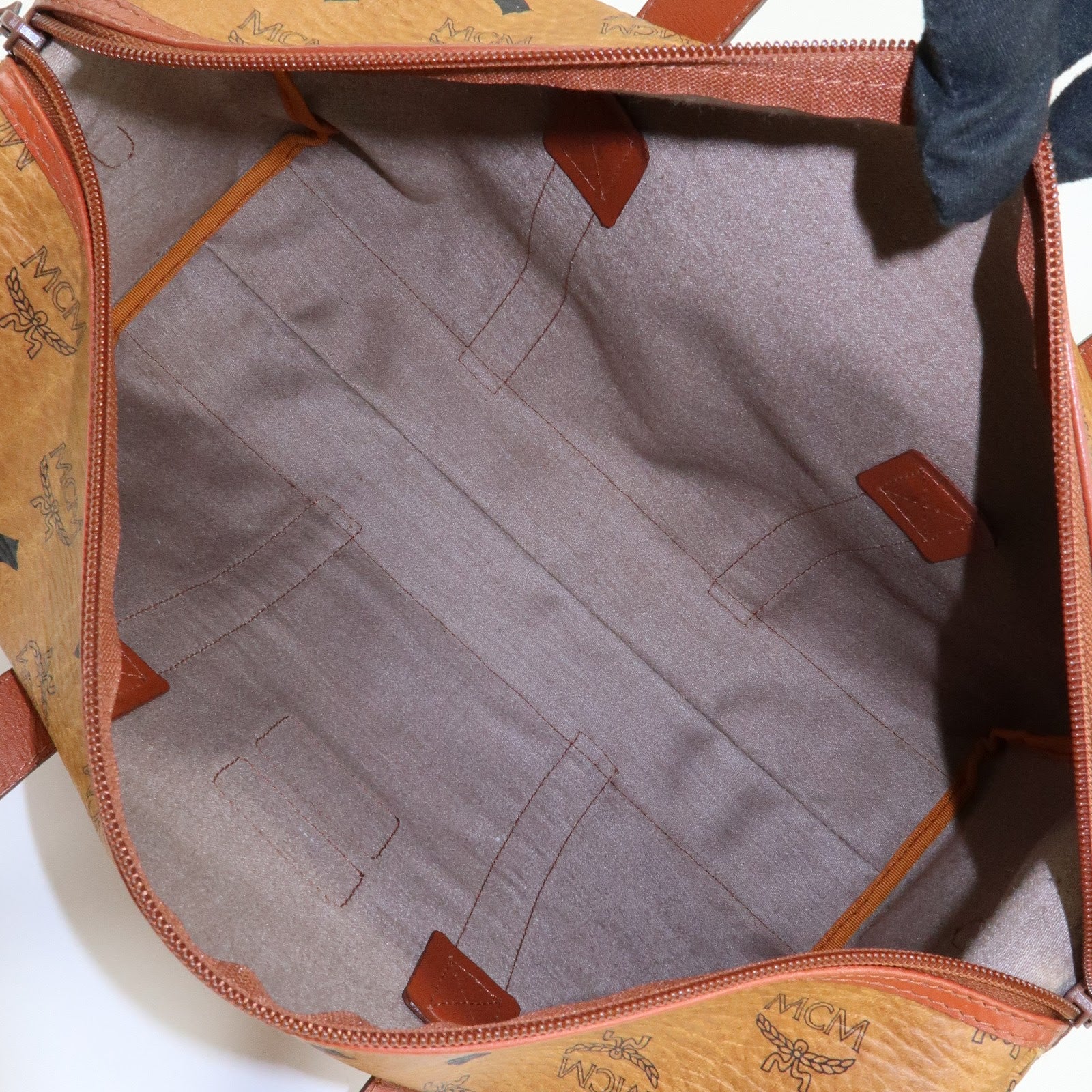 MCM Visetos PVC Leather Tote Bag Boston Bag Hand Bag Cognac Brown