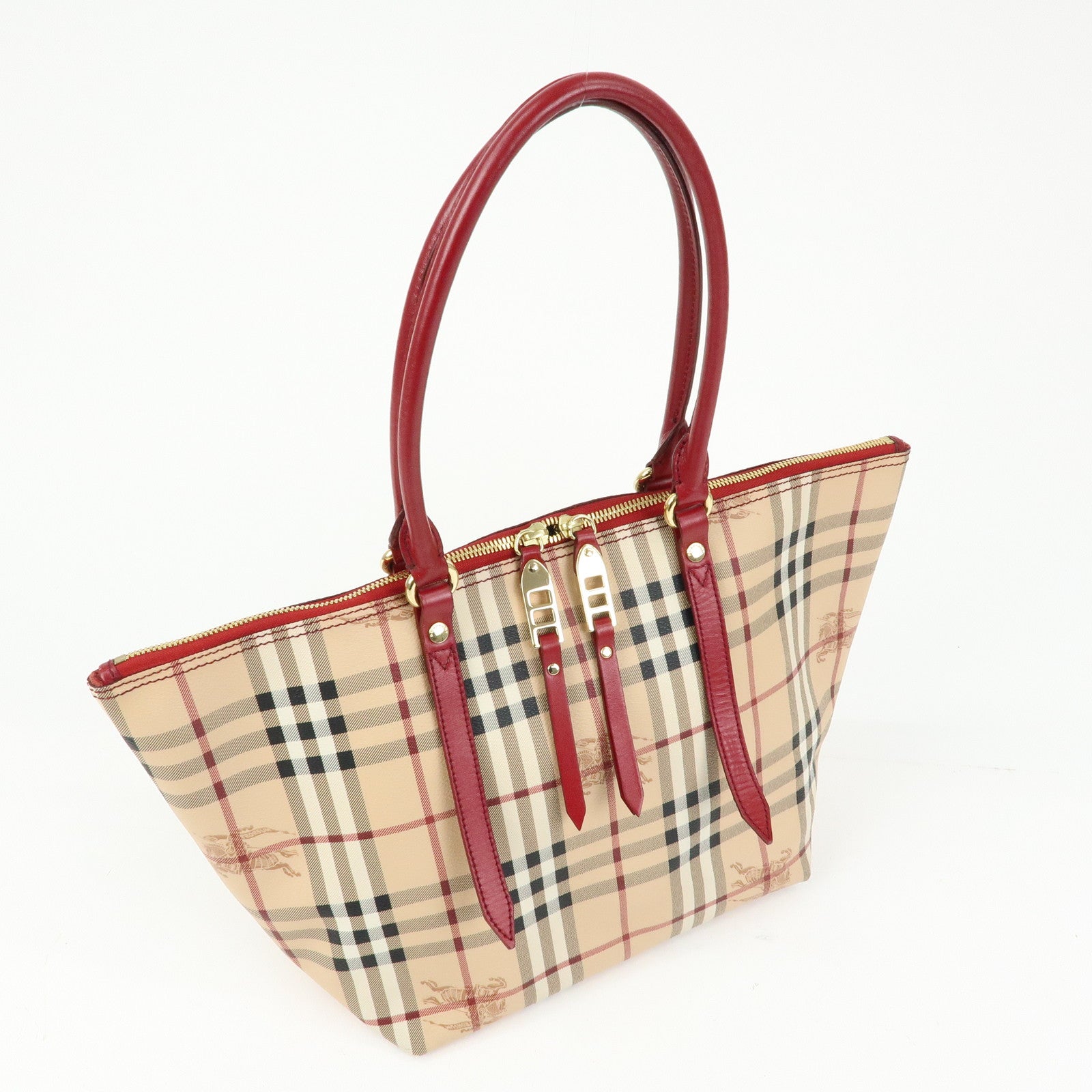 BURBERRY Nova Plaid PVC Leather Tote Bag Hand Bag Beige Red