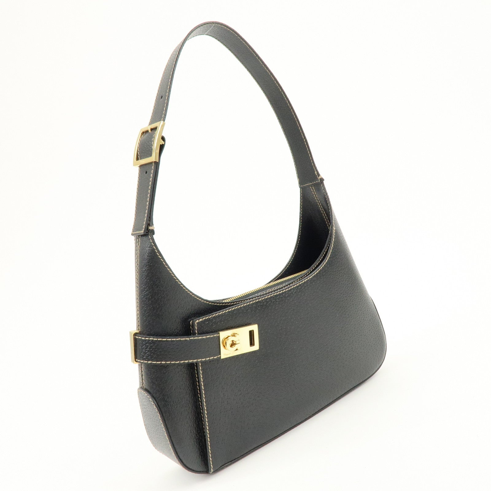 Ferragamo Gancini Leather Shoulder Bag Hand Bag Black