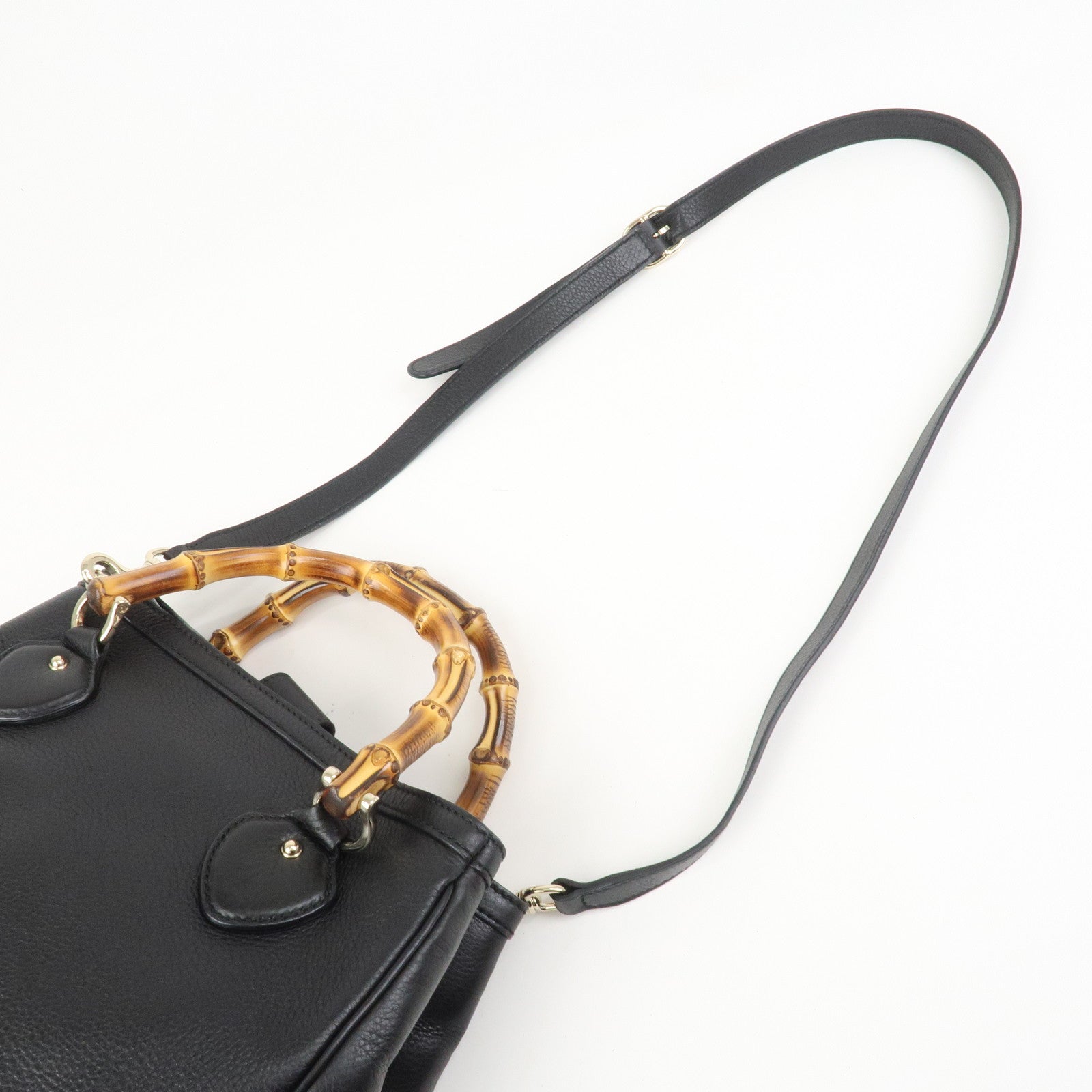 GUCCI Bamboo Logo Leather 2Way Shoulder Bag Hand Bag Black 308360