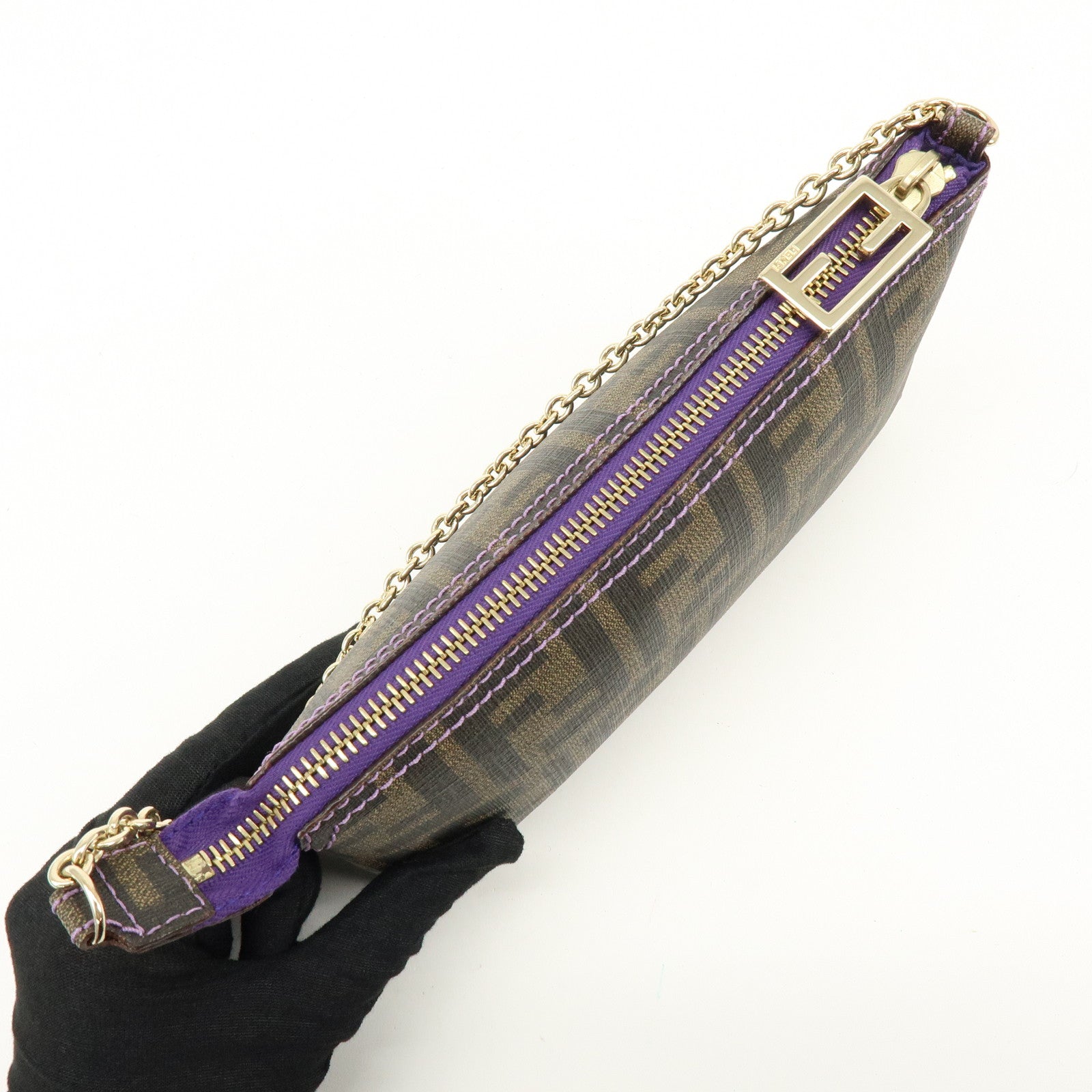 FENDI Zucca Print PVC Chain Accessory Pouch Brown Purple 8BR592