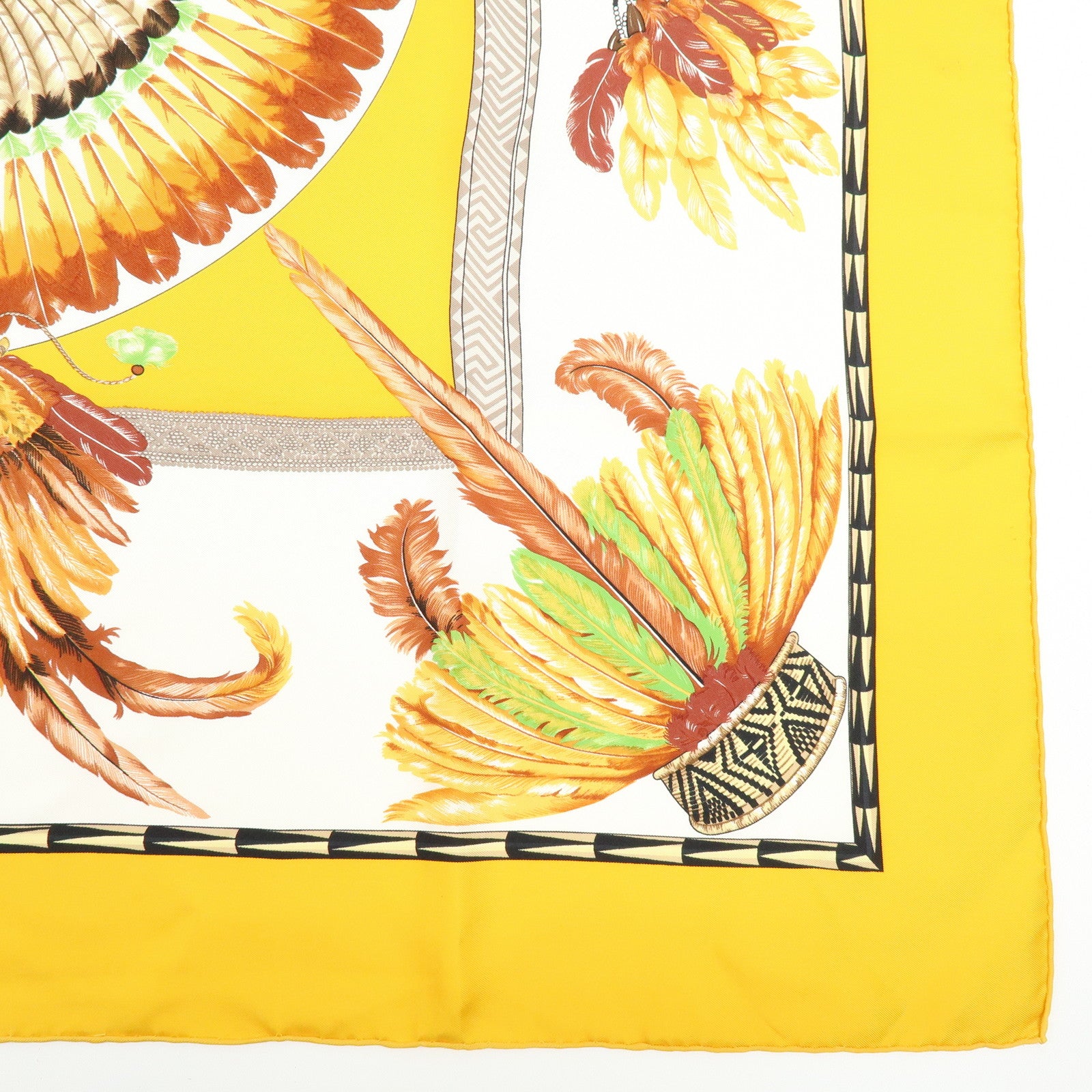 HERMES Carre 90 Silk 100% Scarf Brazil Yellow Brown