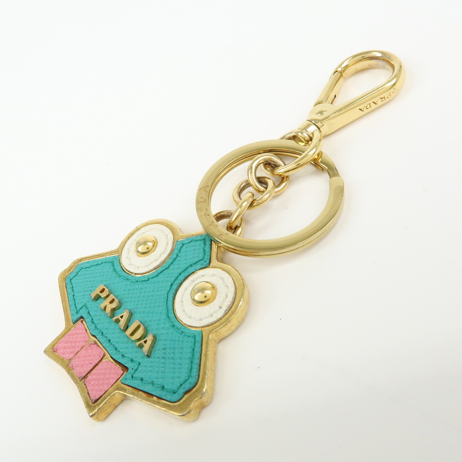 PRADA Saffiano Leather Metal Bag Charm Key Chain Green Pink Gold