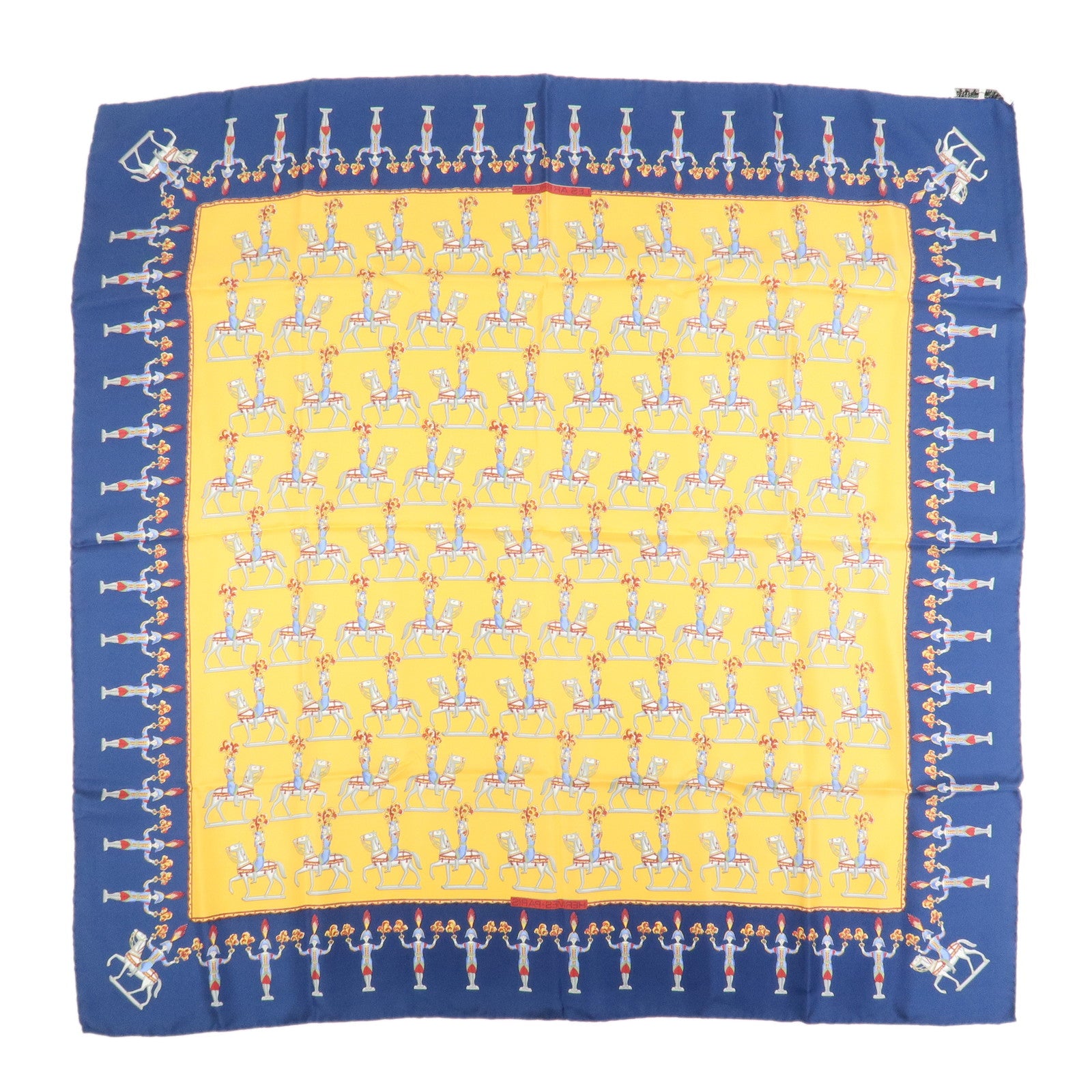 HERMES Carre 90 Silk 100% Scarf Les Artificiers Navy Yellow
