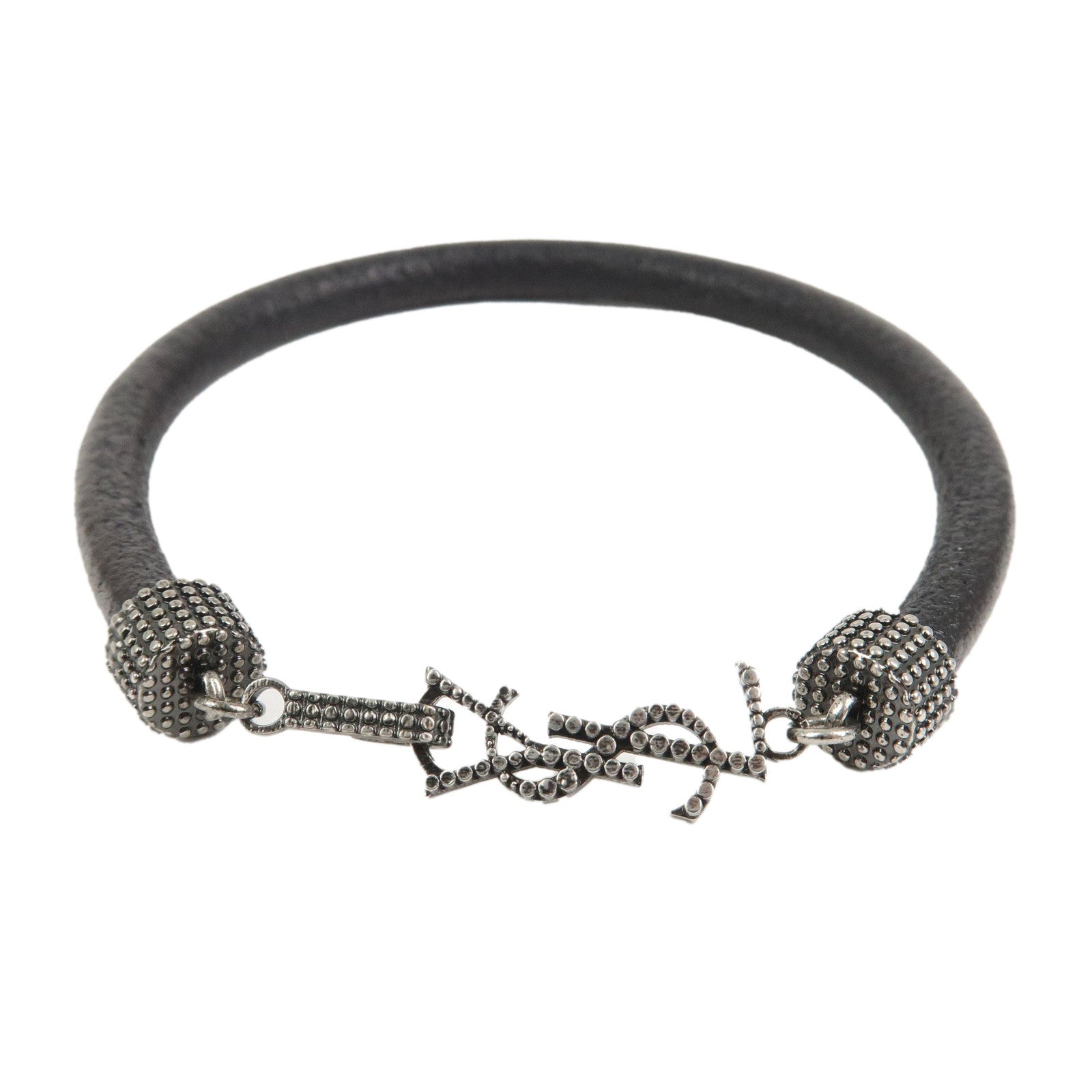 SAINT LAURENT Cassandre Logo Leather Metal Bracelet Black