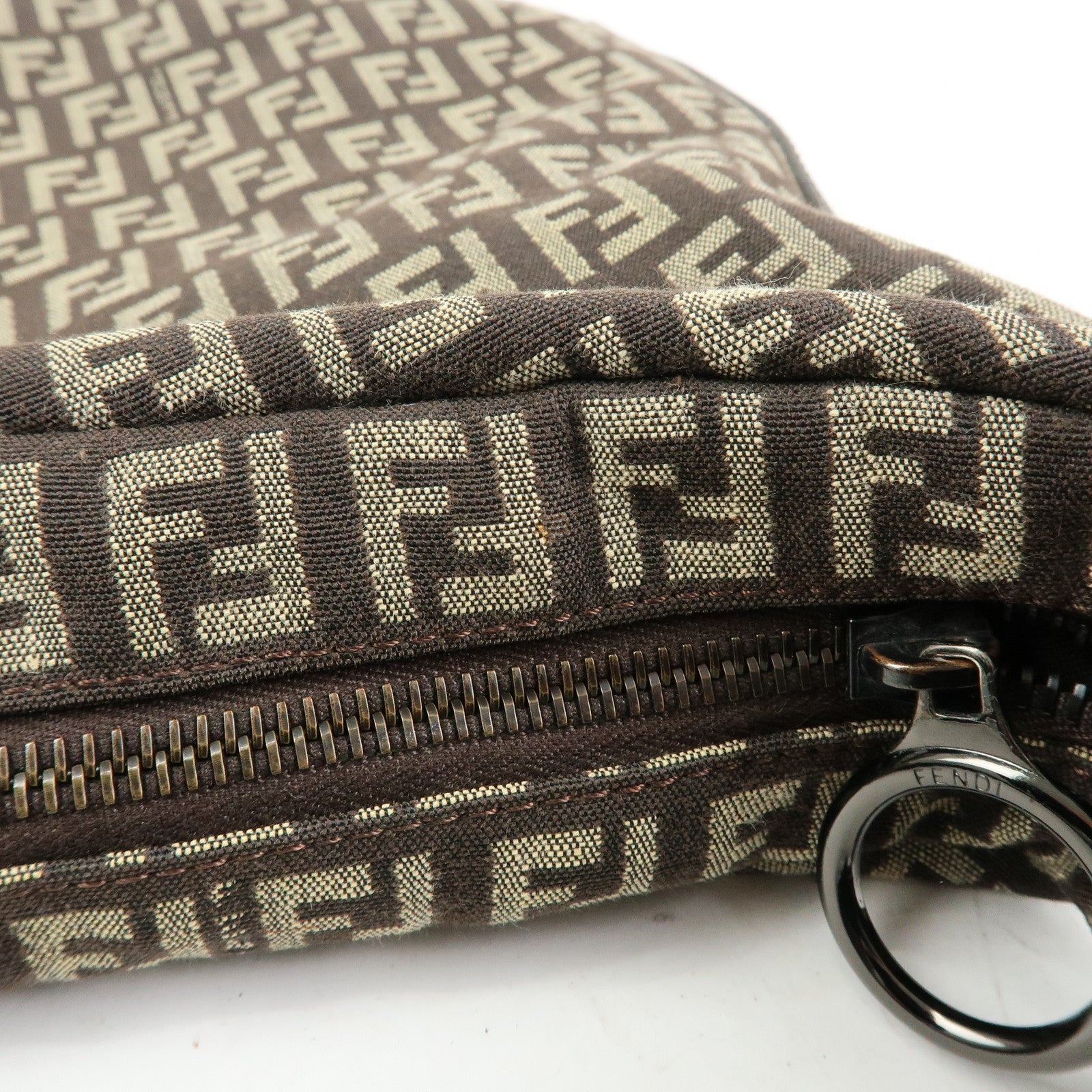 FENDI Zucchino Canvas Leather Shoulder Bag Dark Brown 8BR228