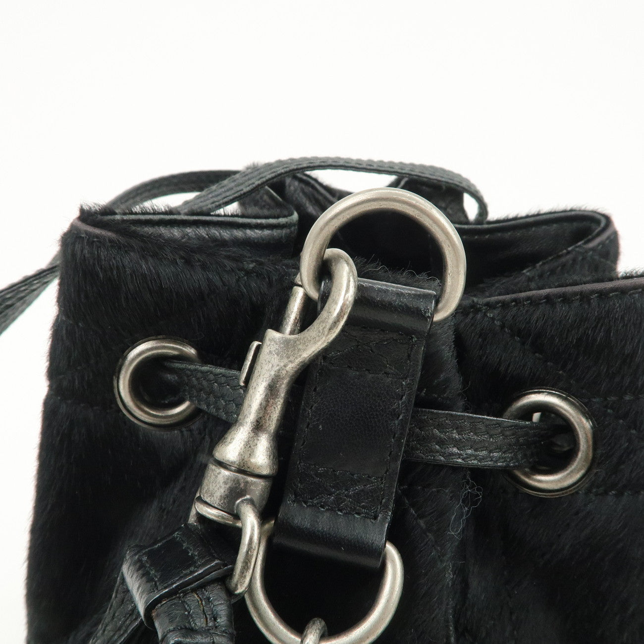 Christian Dior Unborn Carf Leather Drawstring Hand Bag Black Silver