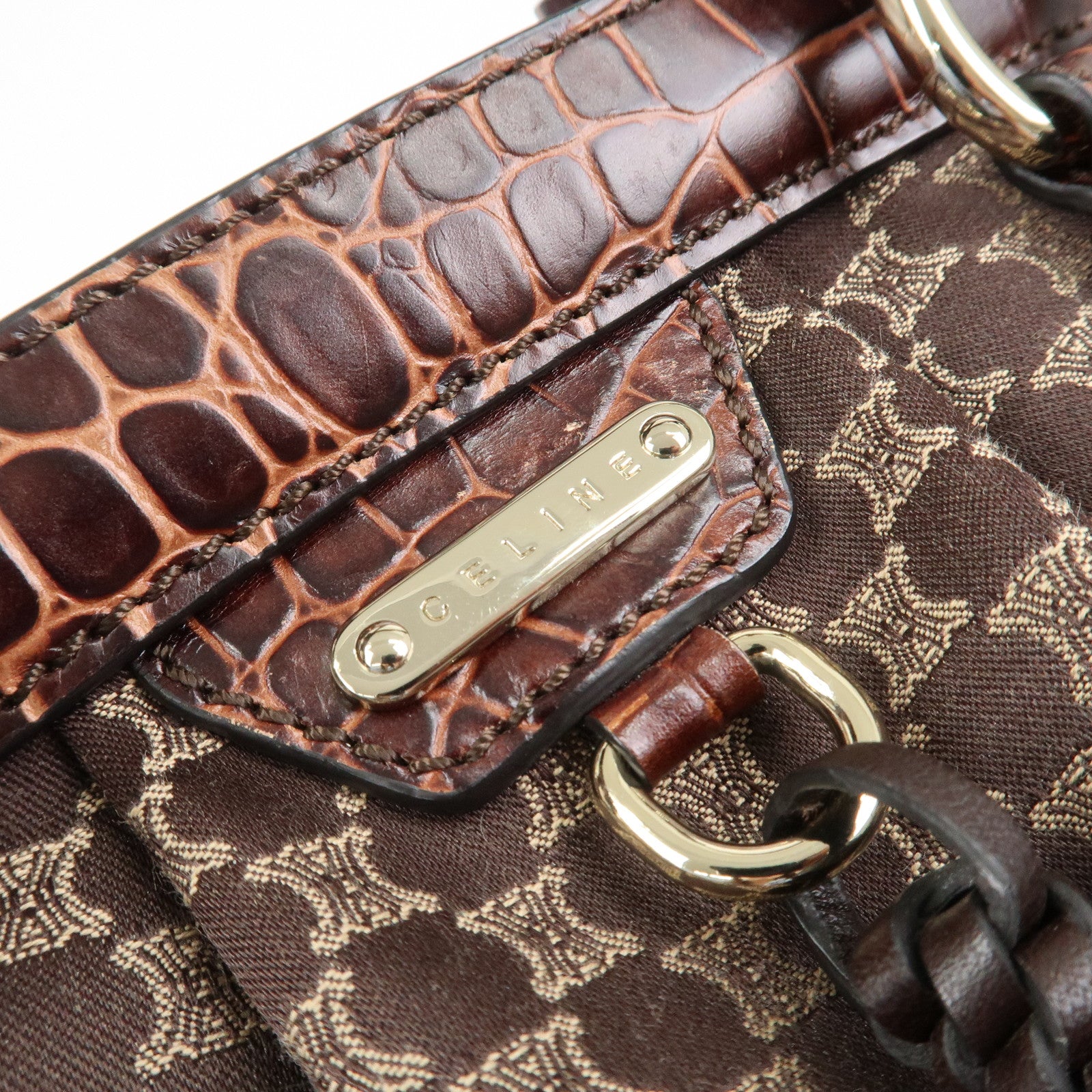 CELINE Macadam Canvas Embossed Leather Shoulder Bag Hand Bag Brown