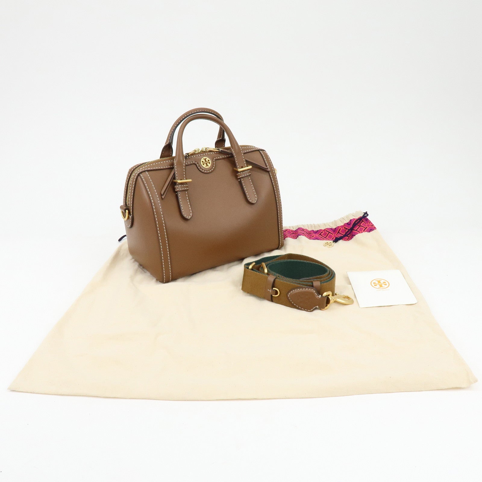 TORY BURCH T Monogram Leather 2Way Bag Barrel Shoulder Bag Brown