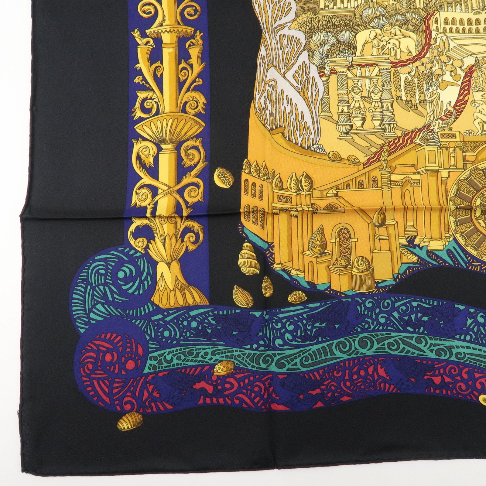 HERMES Carre 90 Silk 100% Scarf Black Yellow Used