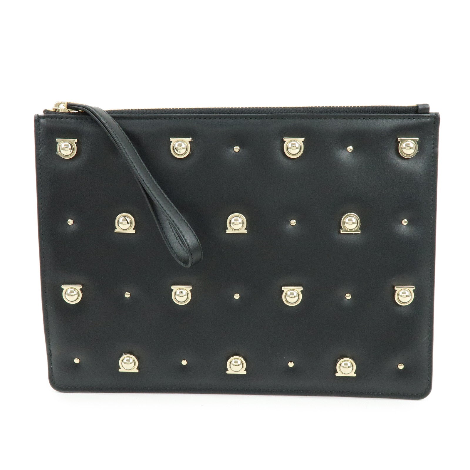 Ferragamo Gancini Leather Clutch Bag Pouch Cosmetic Bag Black