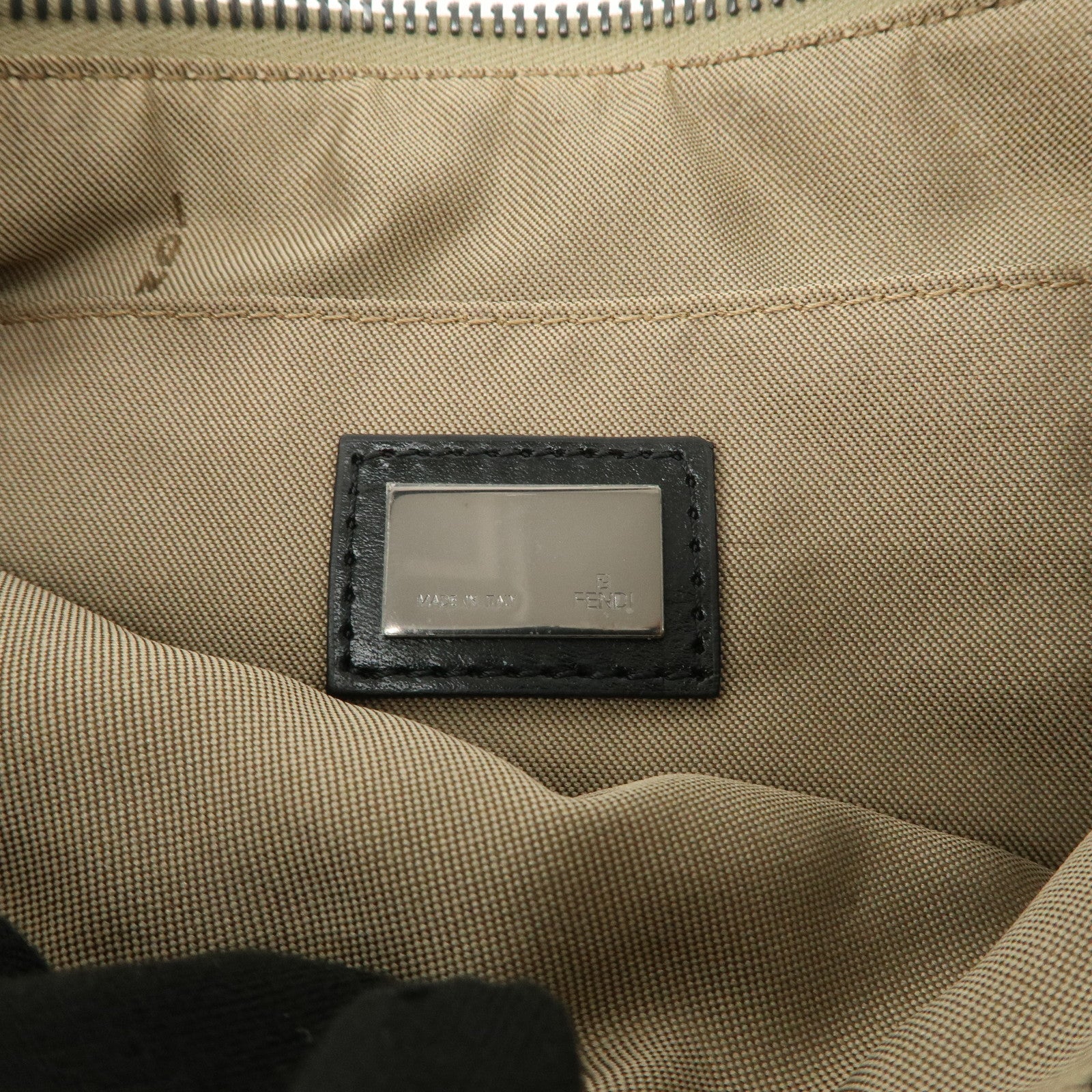 FENDI Zucchino Canvas Leather Shoulder Bag Beige Black 8BR312
