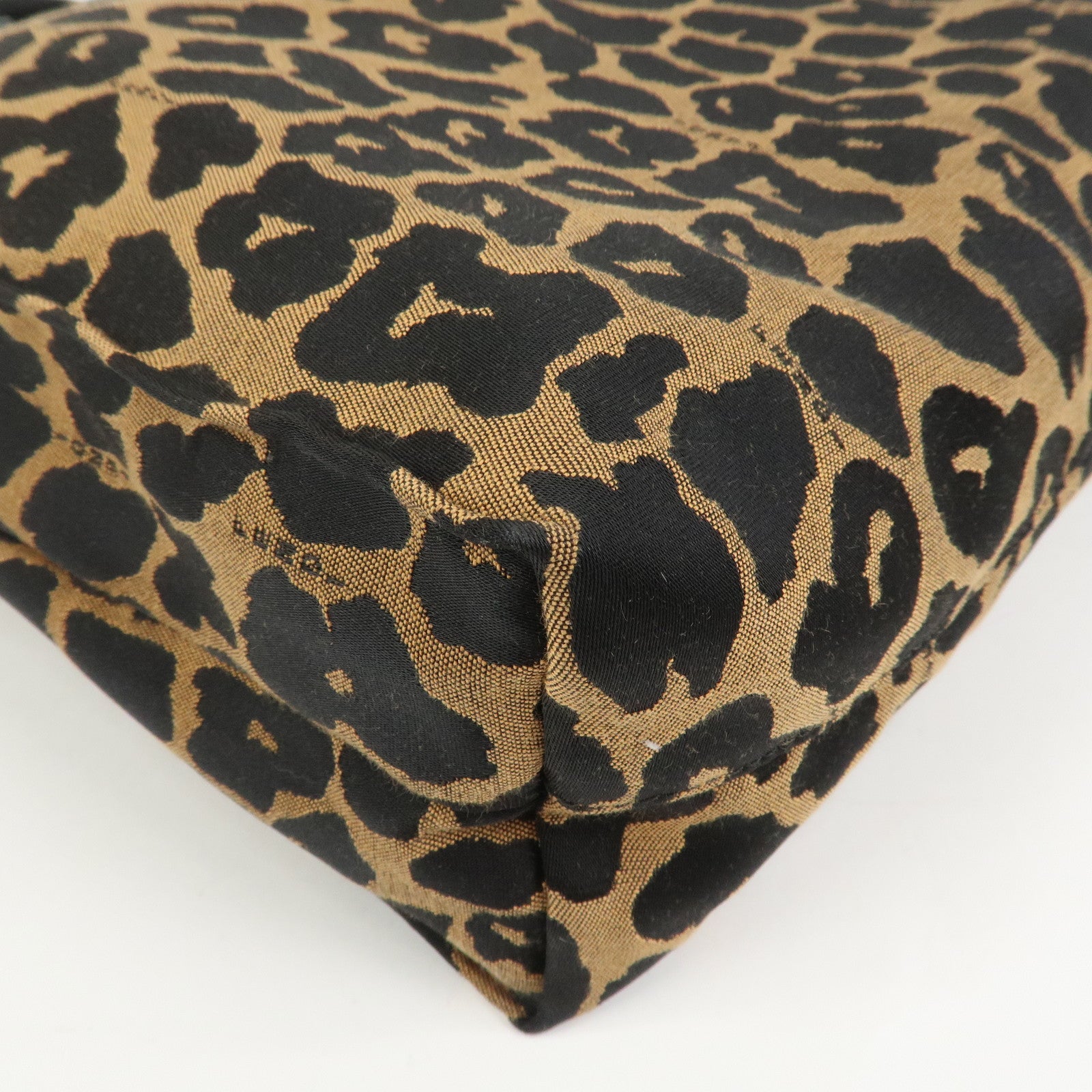 FENDI Leopard Canvas Leather Tote Bag Hand Bag Brown Black 8BH173