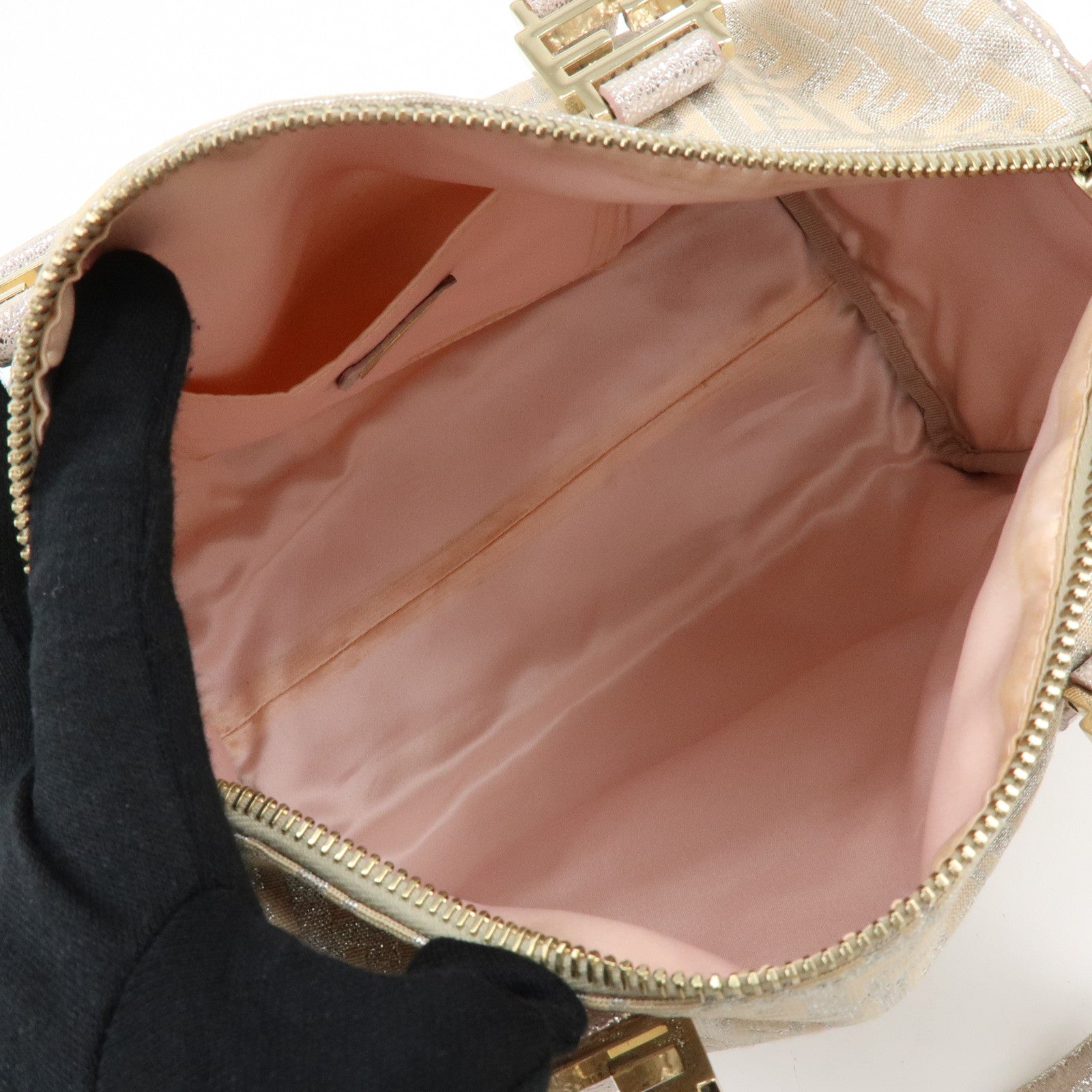 FENDI Zucchino Canvas Leather Mini Boston Bag Silver Beige 8BL068