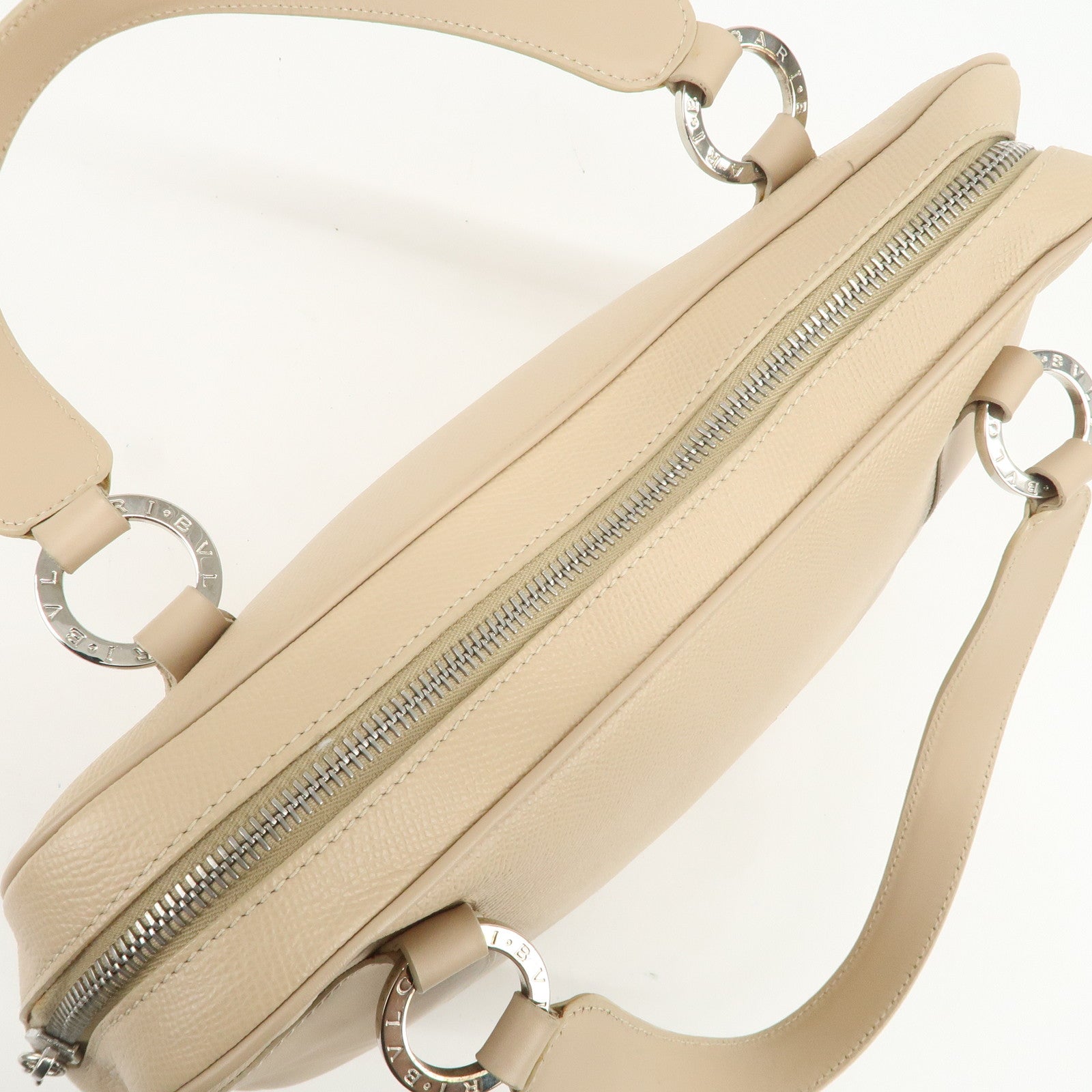 BVLGARI Logo Leather Hand Bag Shoulder Bag Beige