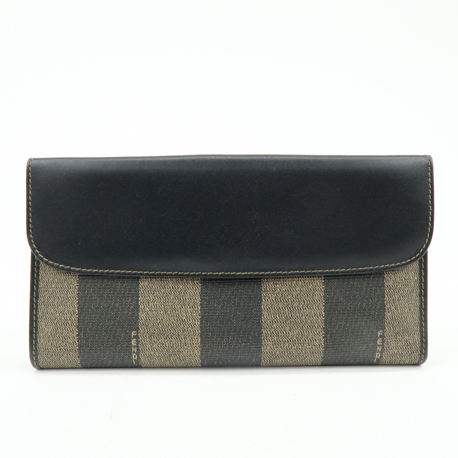 FENDI Pequin Leather PVC Long Wallet Beige Black 30806