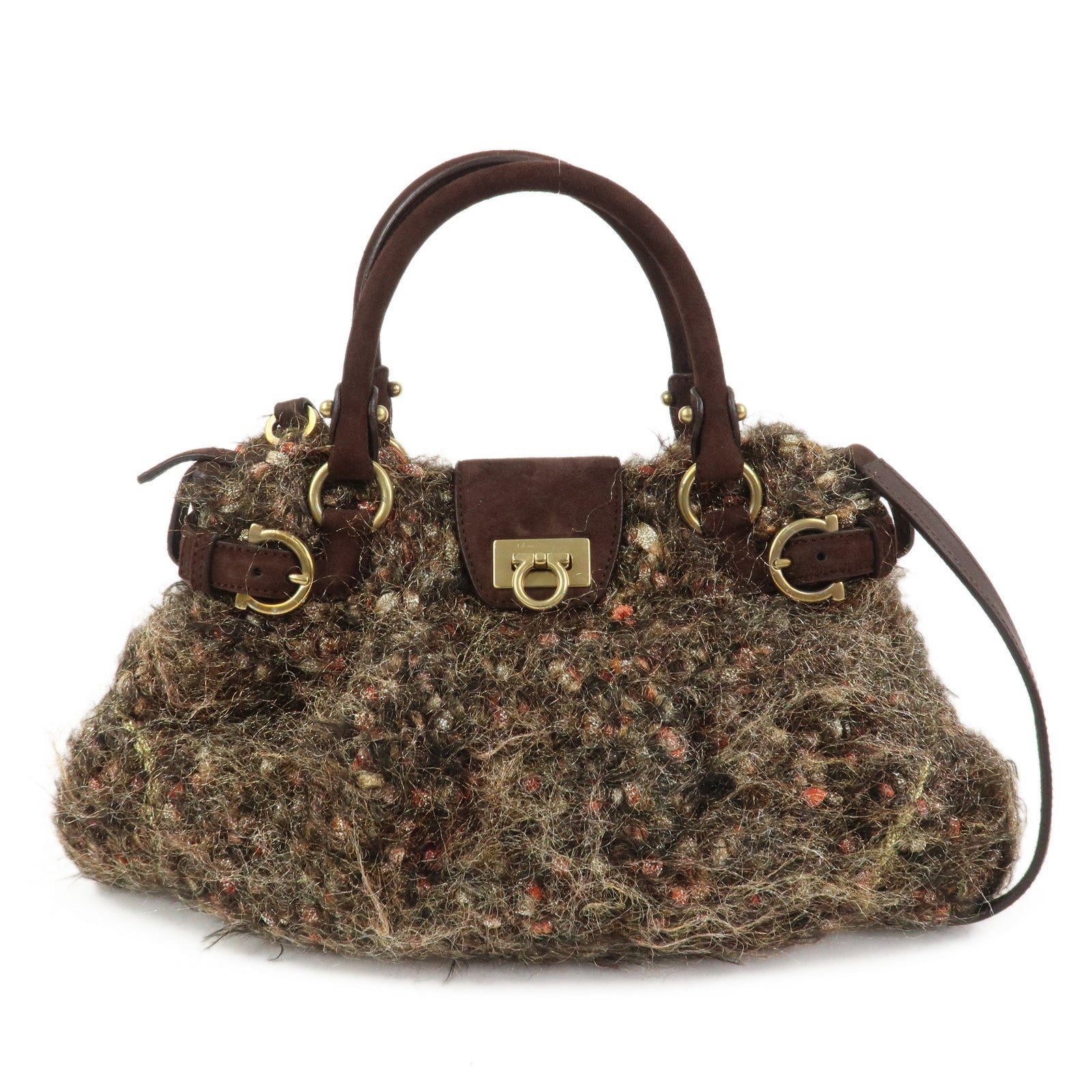 Ferragamo Gancini Wool Suede 2Way Bag Hand Bag Shoulder Bag Brown