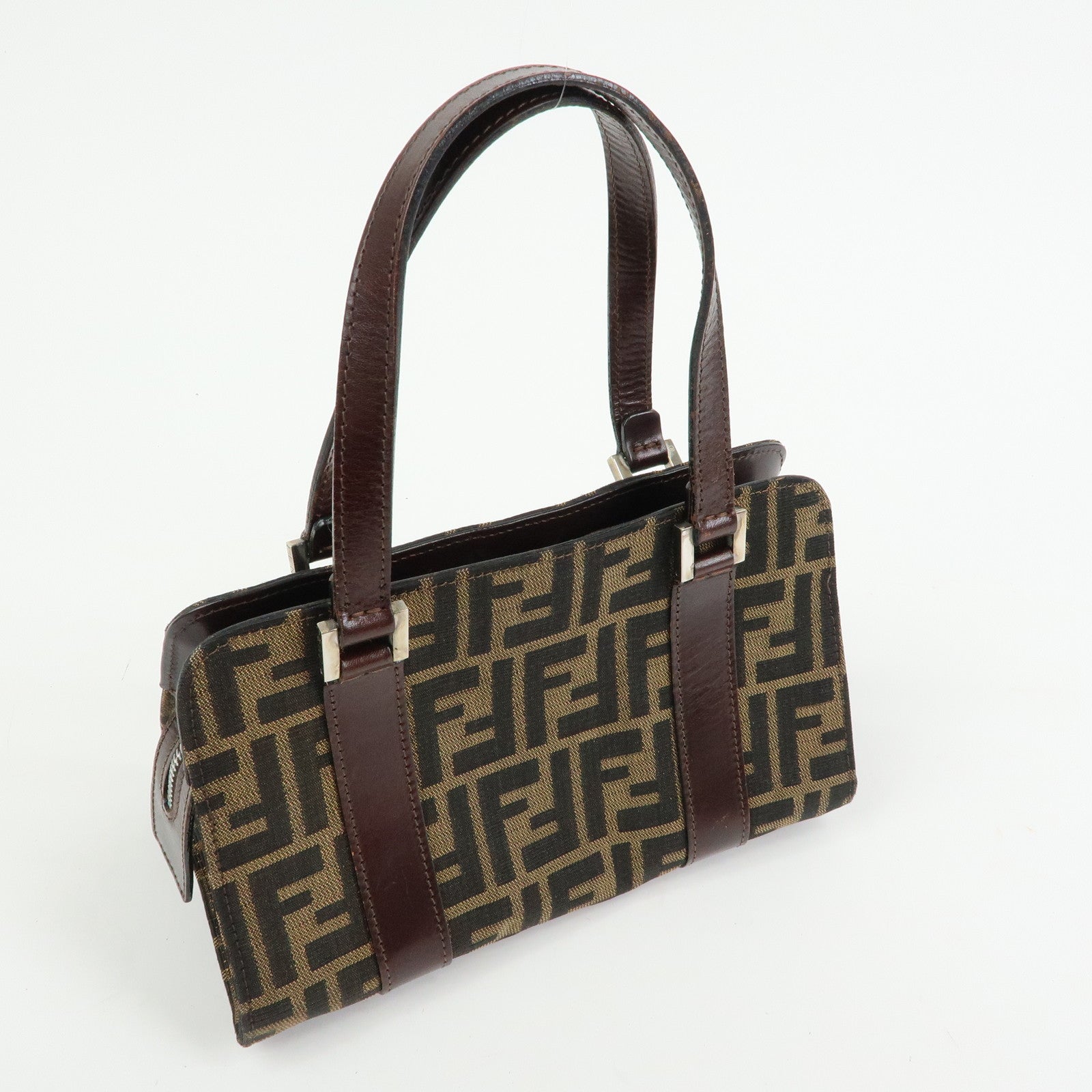 FENDI Zucca Jacquard Canvas Leather Top Handle Hand Bag Brown
