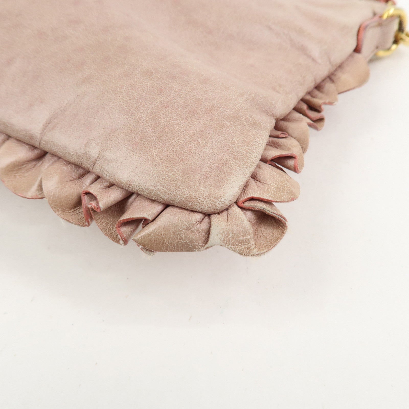 MIU MIU Logo Frilled Leather Shoulder Bag Crossbody Bag Pink Beige