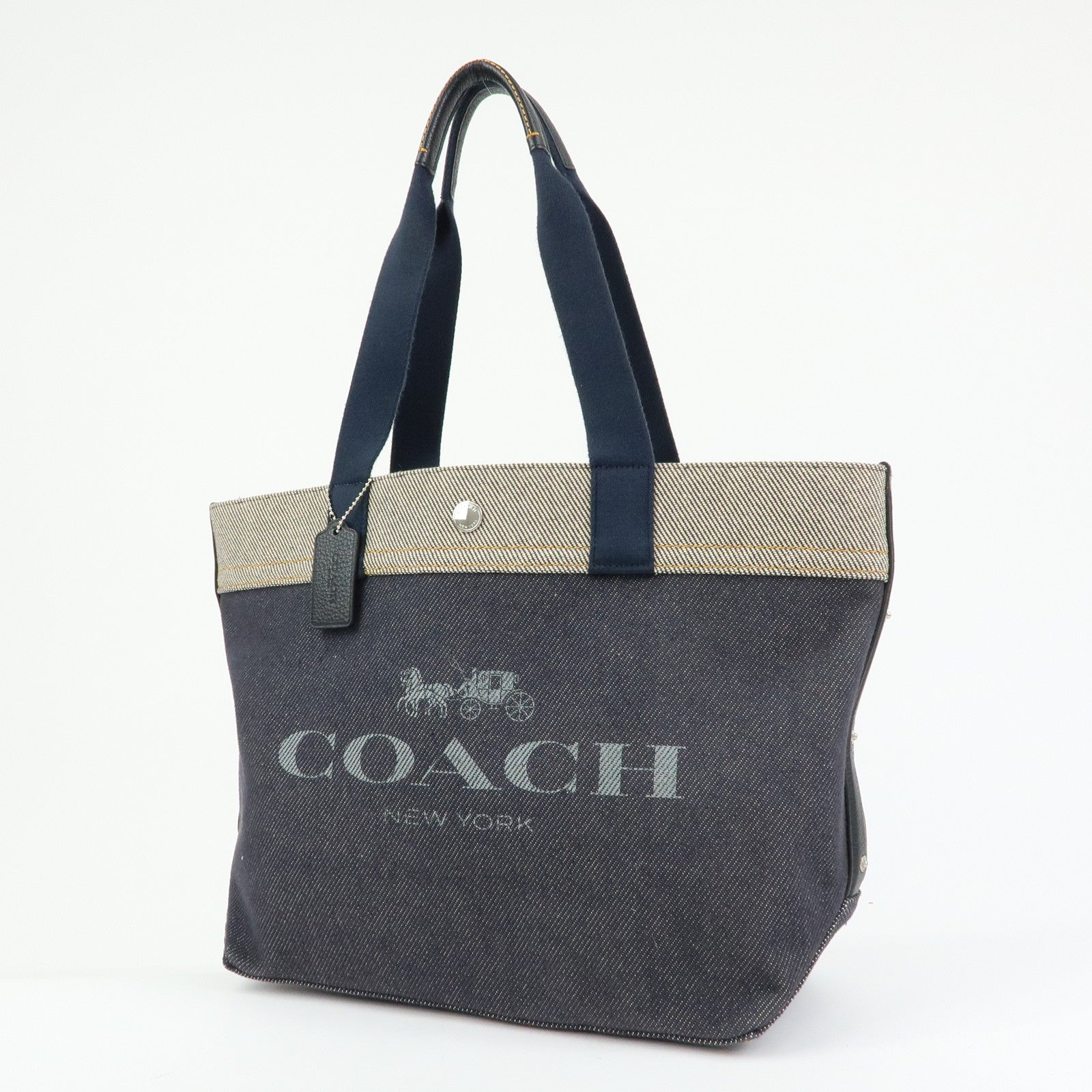 COACH Denim Leather Tote Bag Shoulder Bag Hand Bag Navy
