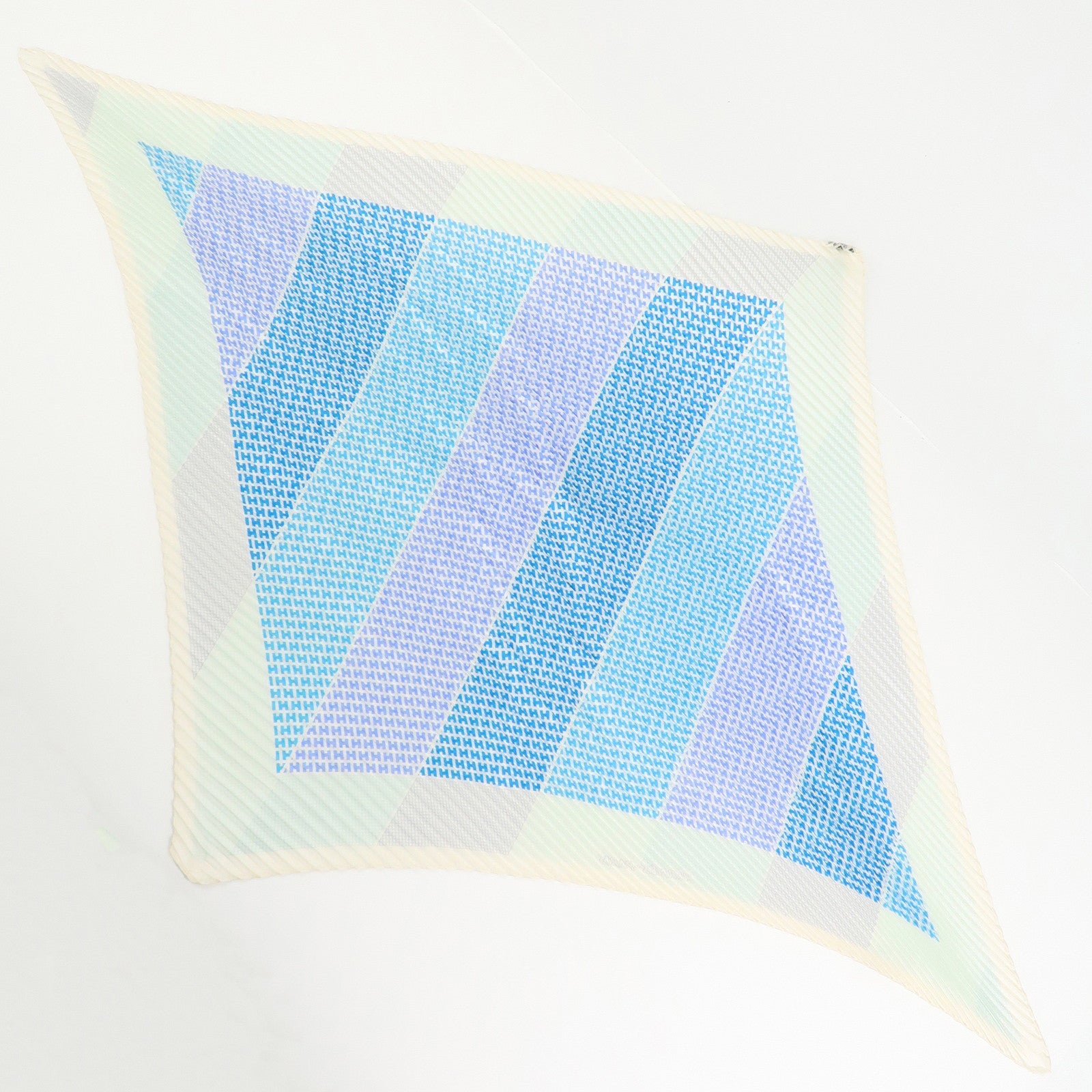HERMES Pleated Carré Scarf Silk 100% H Logo Blue