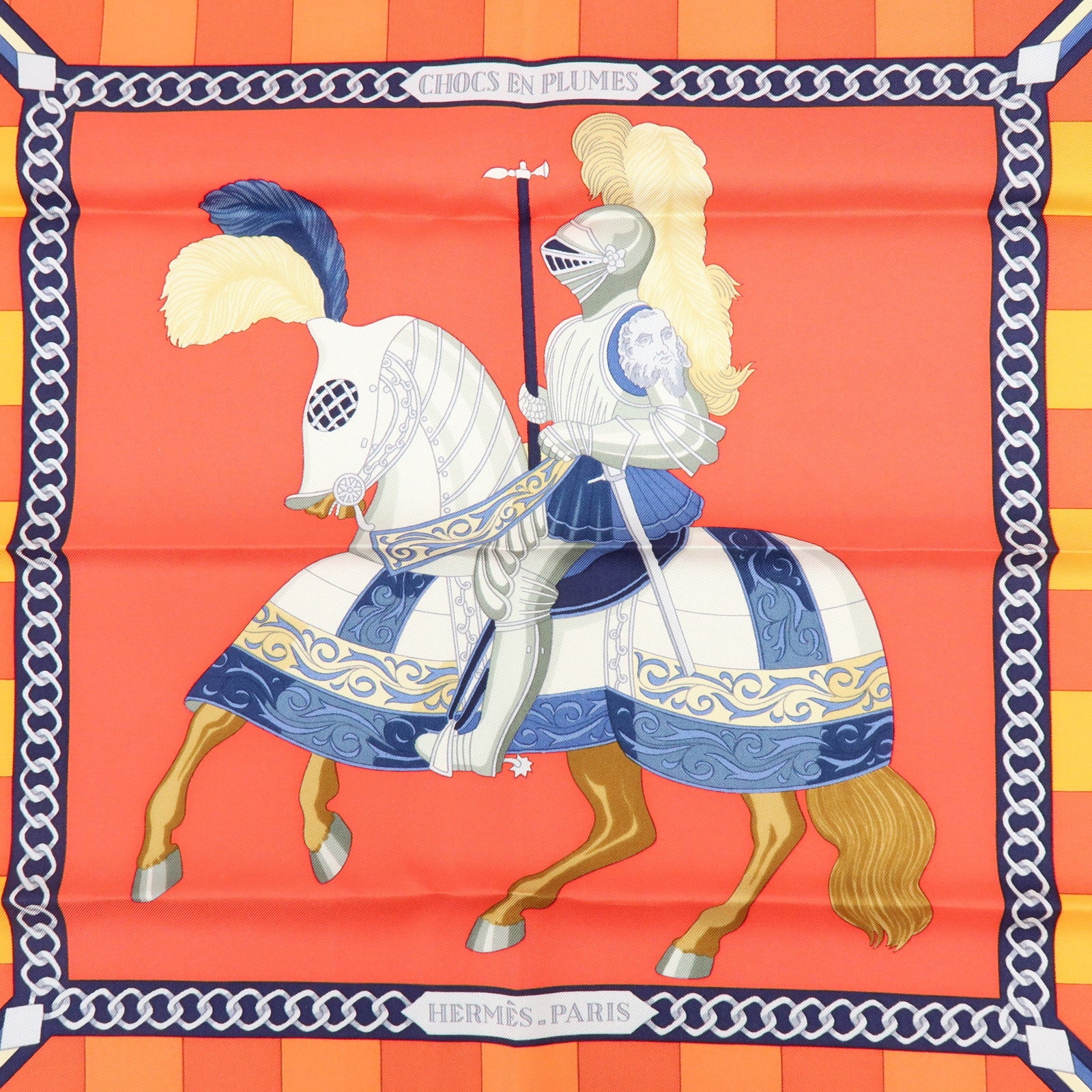 HERMES Carre 90 Silk 100% Scarf CHOCS EN PLUMES Red Orange