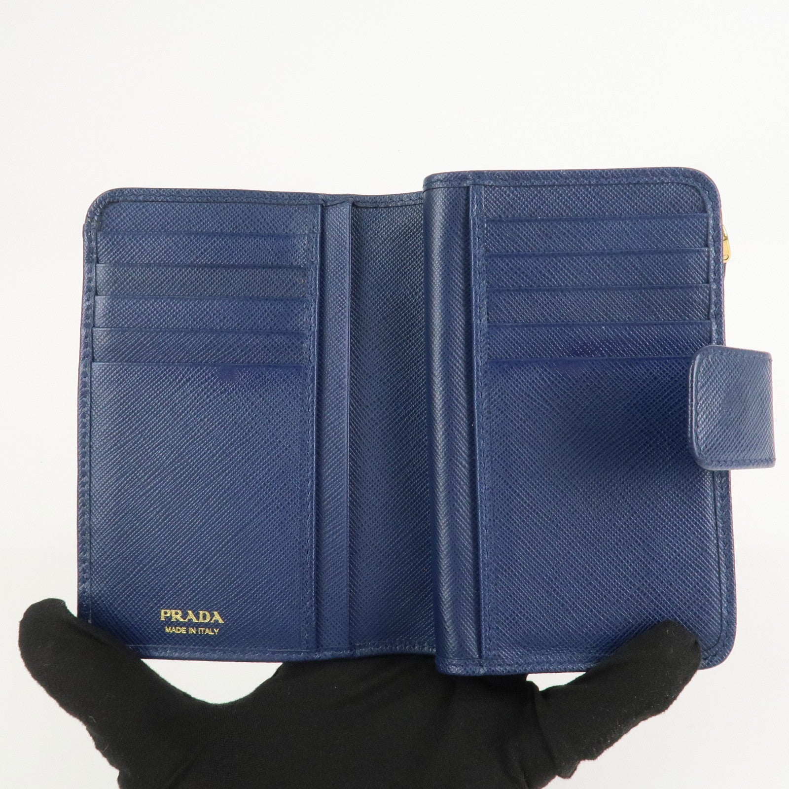PRADA Logo Saffiano Leather Bi-fold Compact Wallet Navy 1ML018