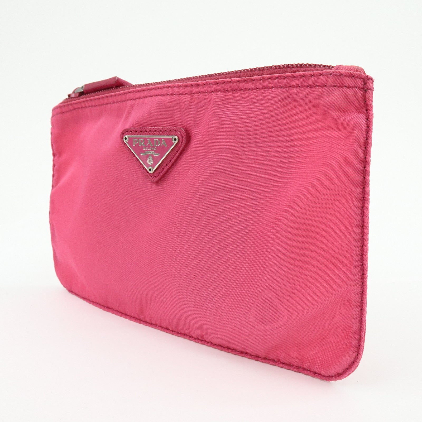 PRADA Triangle Logo Nylon Saffiano Leather Cosmetic Pouch Pink