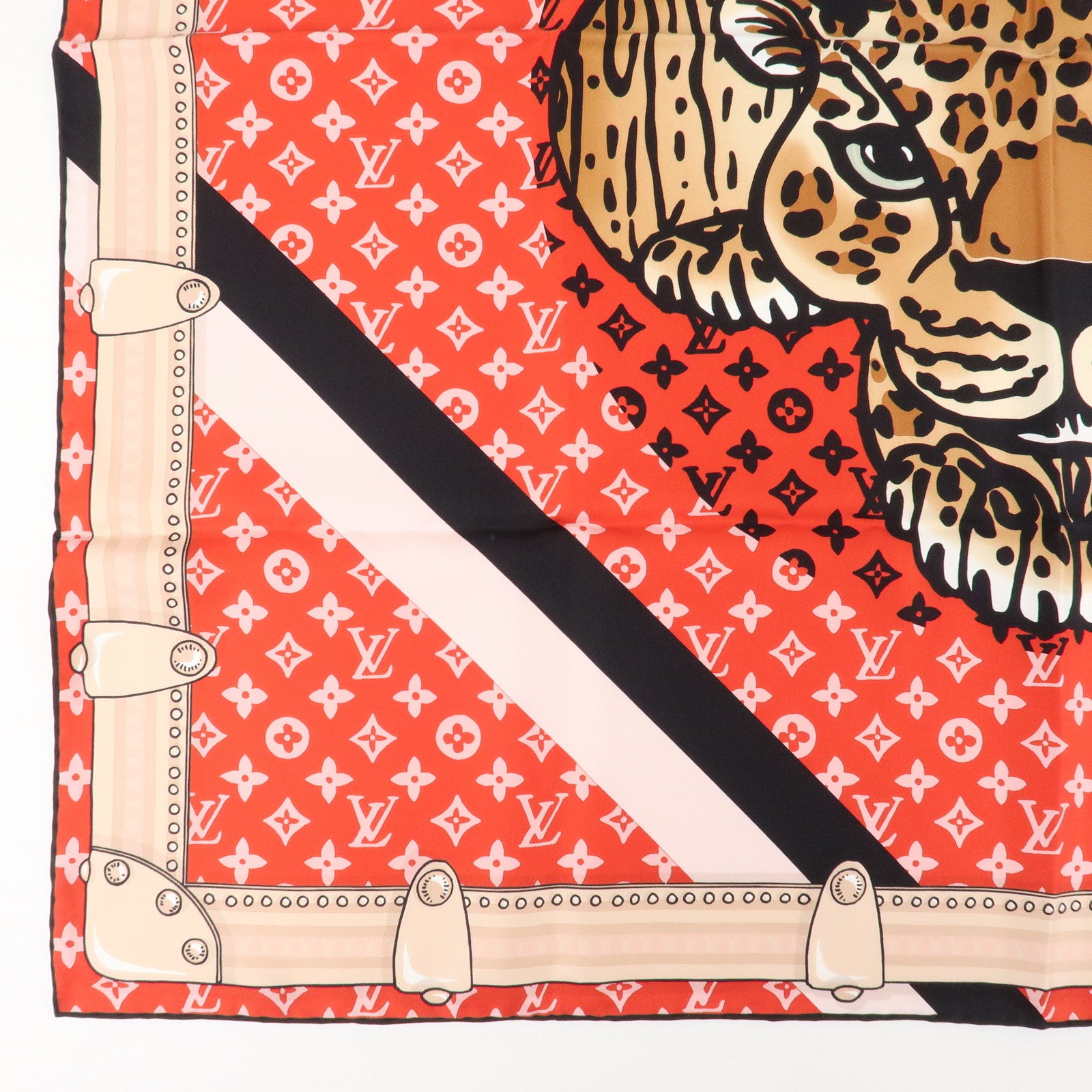 Louis Vuitton Monogram Carre Animal Silk 100% Scarf Red Beige M70693 Used