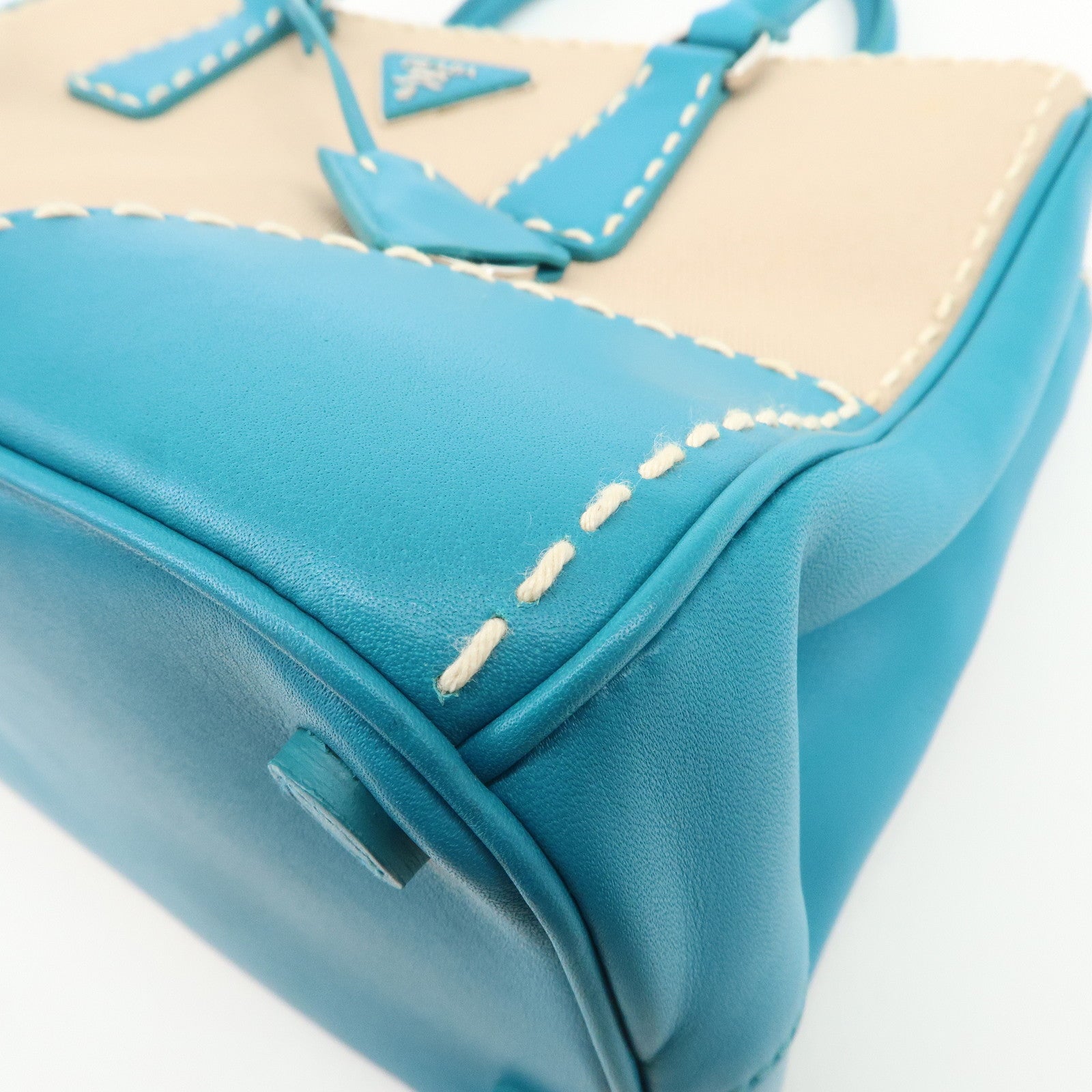 PRADA Triangle Logo Canvas 2Way Bag Hand Bag Tote Bag Blue B1801K